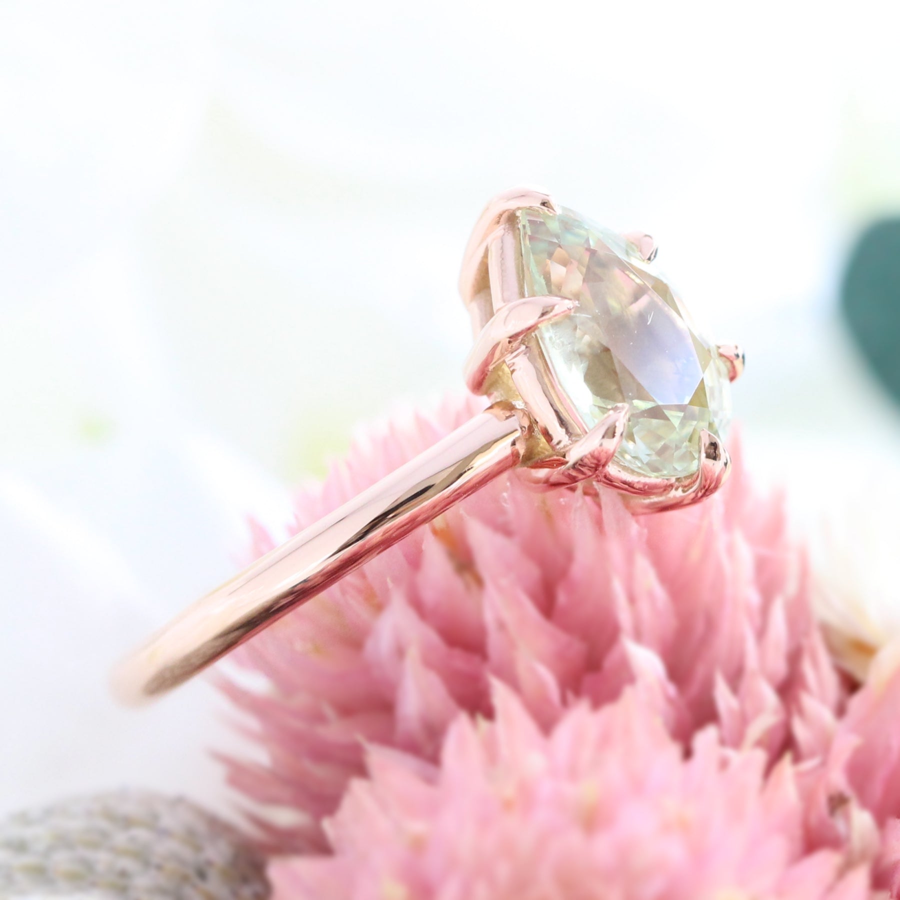 Pear Sea-foam green sapphire engagement ring rose gold low profile solitaire ring la more design jewelry