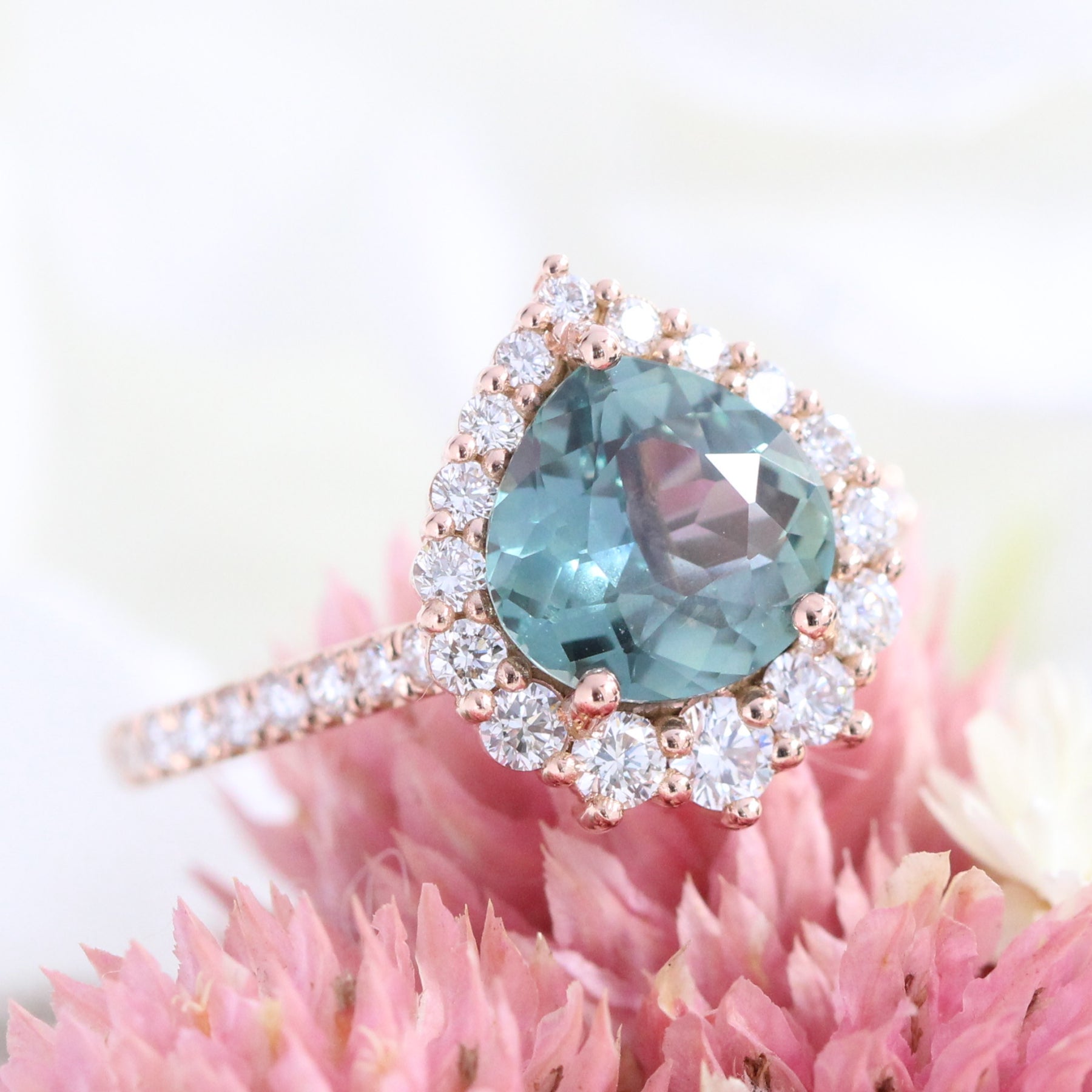 Pear Teal green sapphire engagement ring rose gold halo diamond ring la more design jewelry