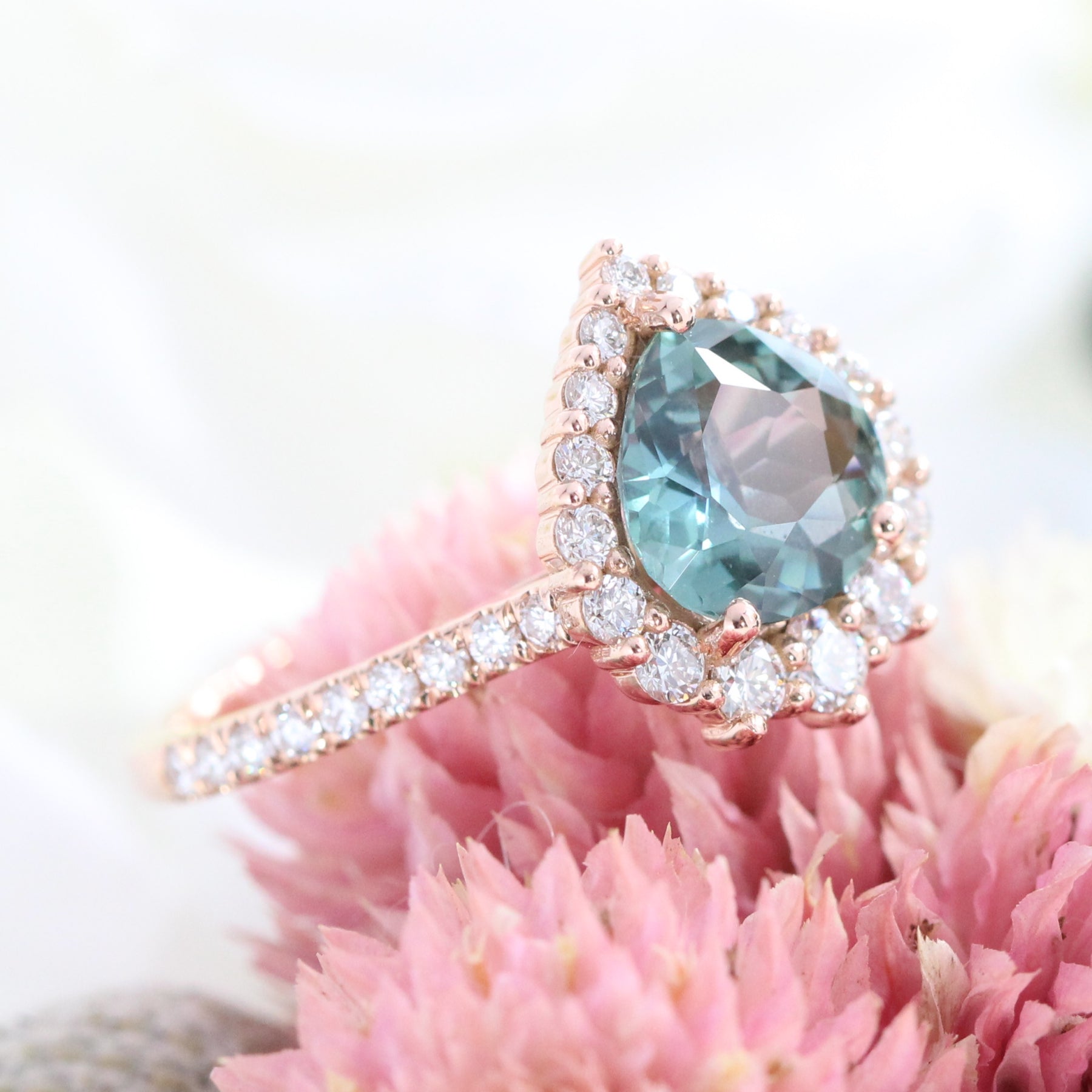 Pear Teal green sapphire engagement ring rose gold halo diamond ring la more design jewelry