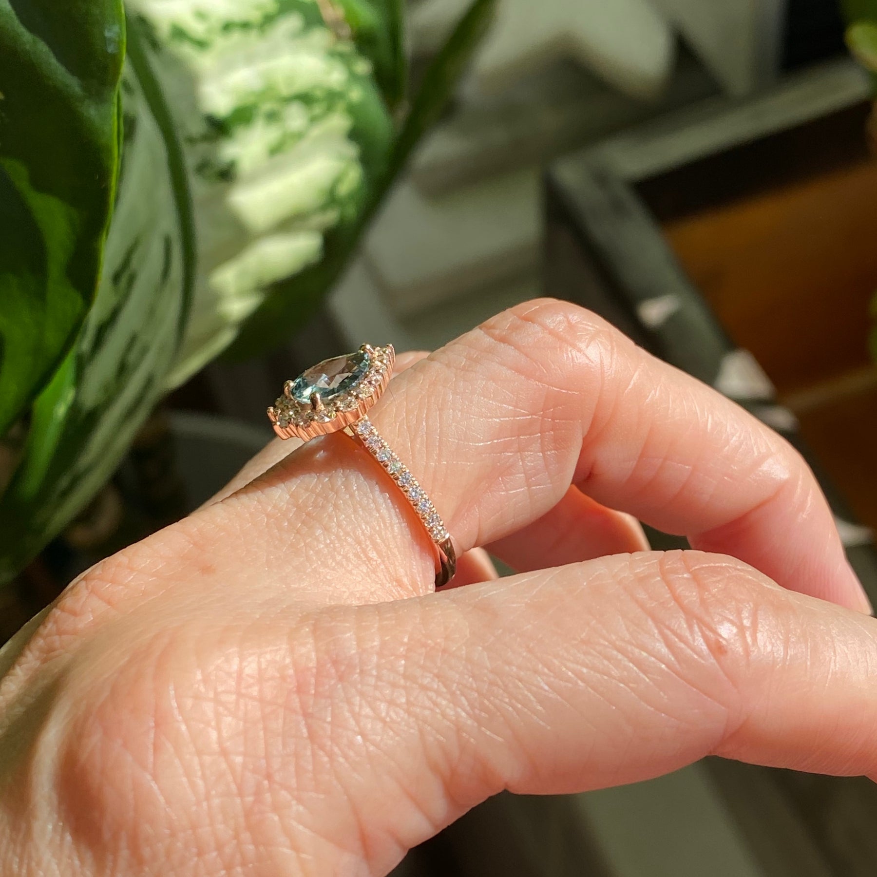 Pear Teal green sapphire engagement ring rose gold halo diamond ring la more design jewelry