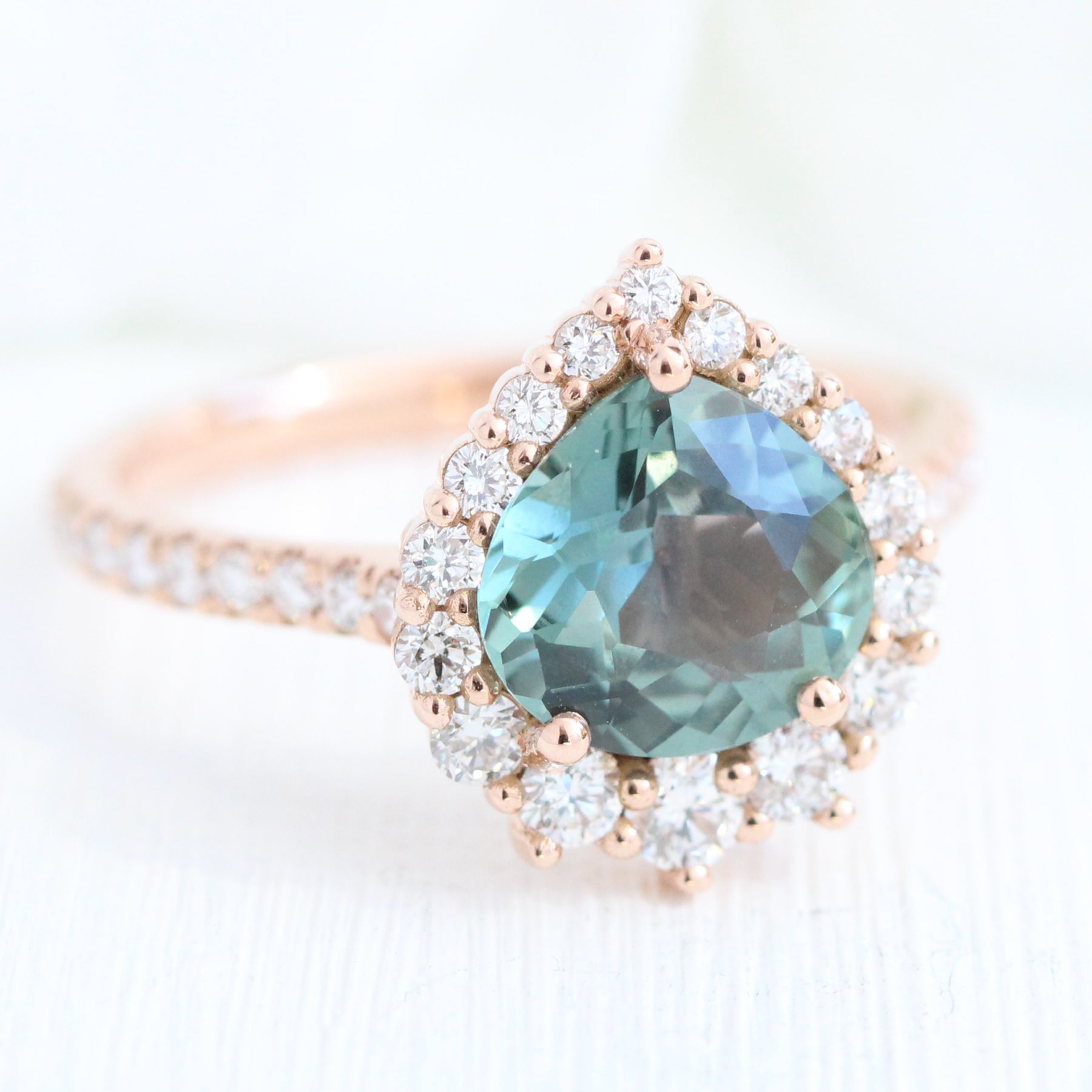Pear Teal green sapphire engagement ring rose gold halo diamond ring la more design jewelry