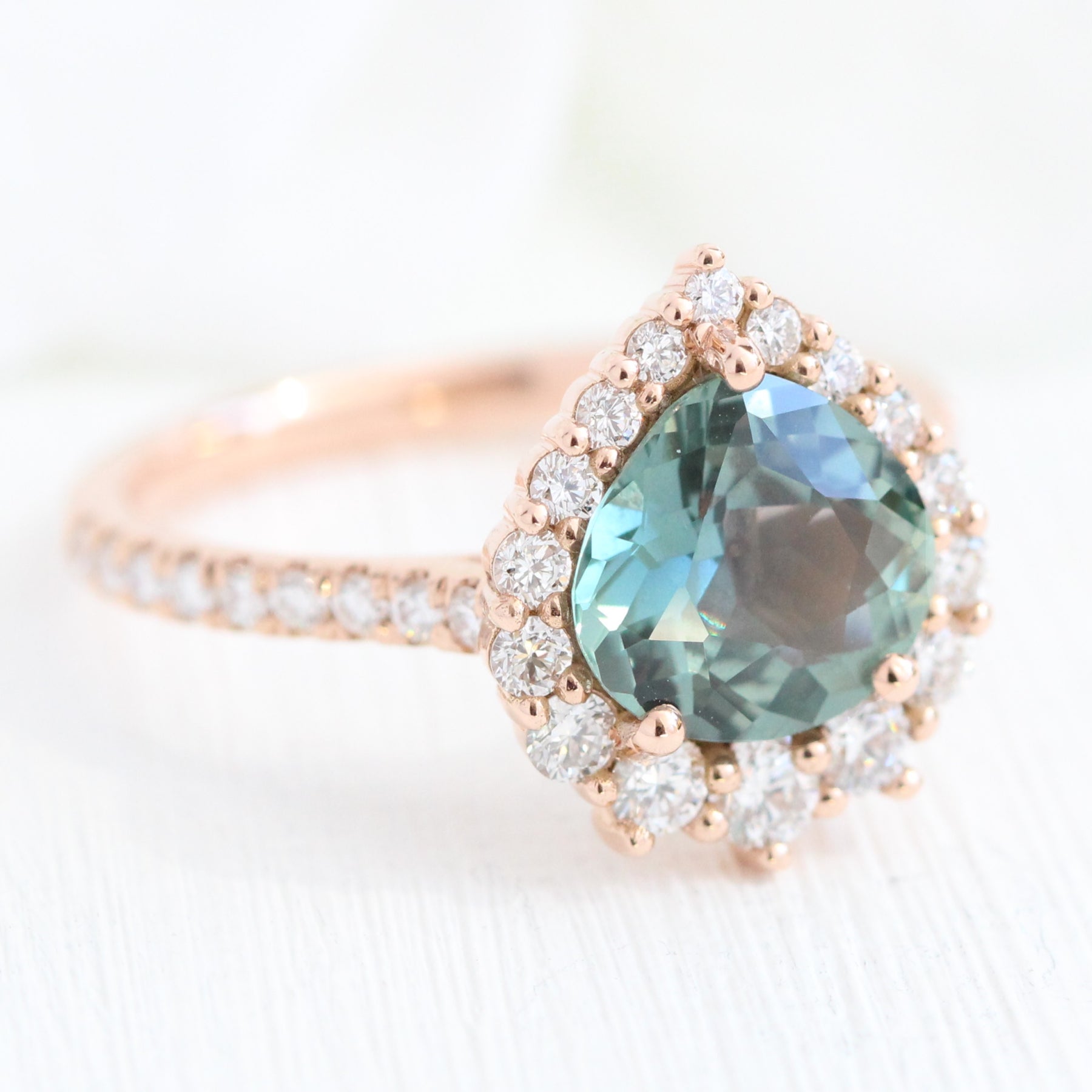 Pear Teal green sapphire engagement ring rose gold halo diamond ring la more design jewelry