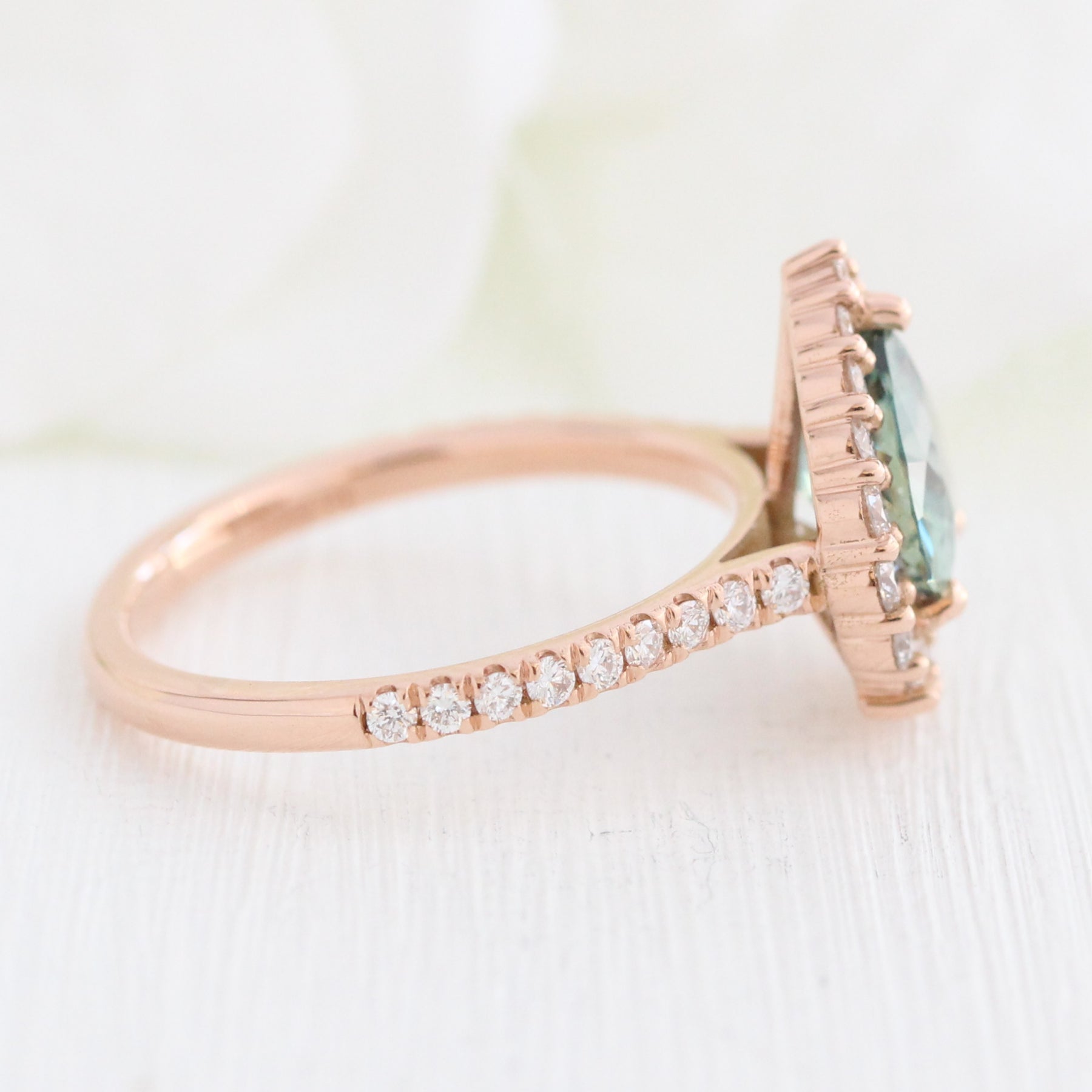 Pear Teal green sapphire engagement ring rose gold halo diamond ring la more design jewelry