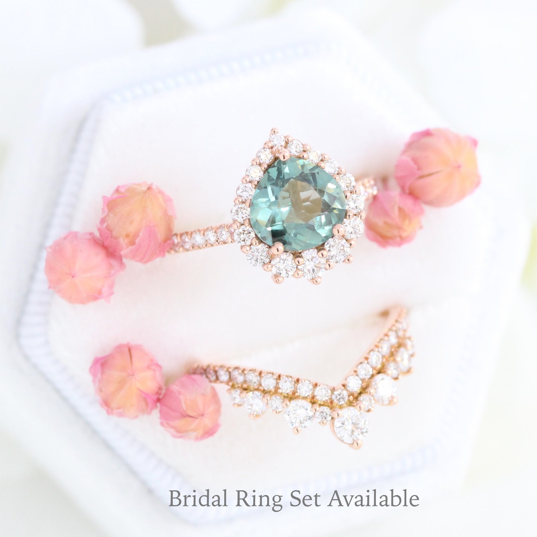 Pear Teal green sapphire engagement ring rose gold halo diamond ring la more design jewelry