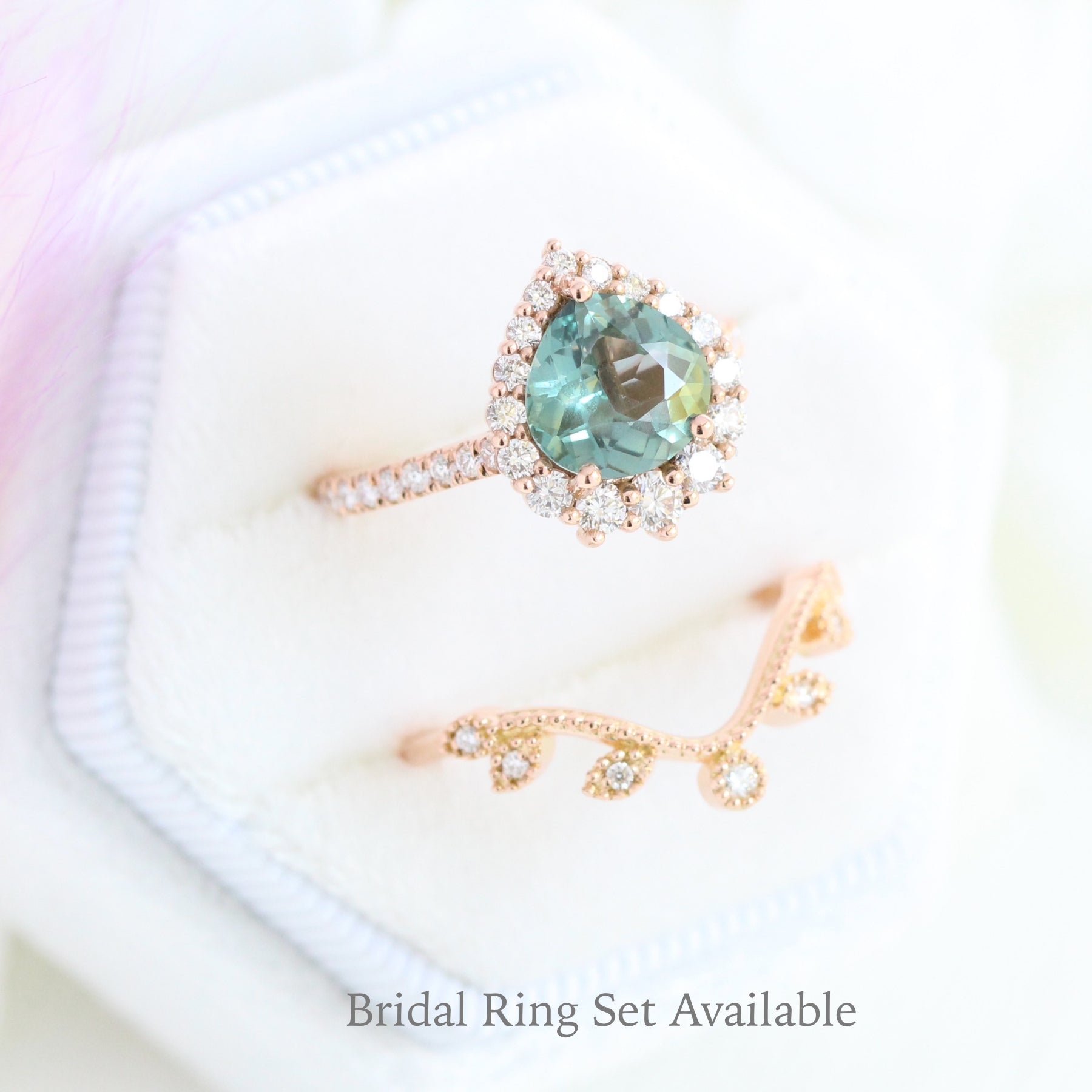Pear Teal green sapphire engagement ring rose gold halo diamond ring la more design jewelry