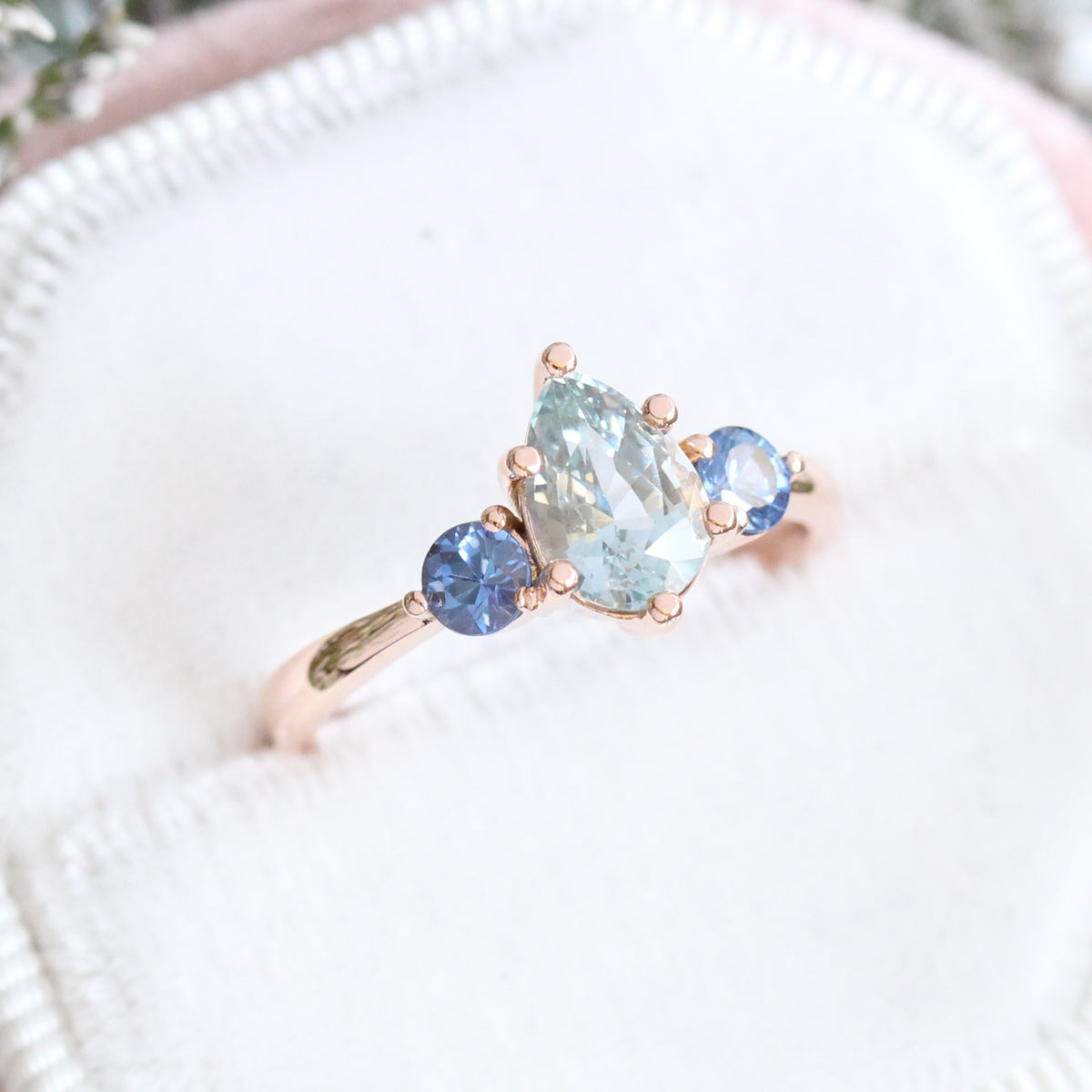 Pear Aqua Blue Sapphire Engagement Ring in Rose Gold 3 Stone Ring by La More Design Jewelry