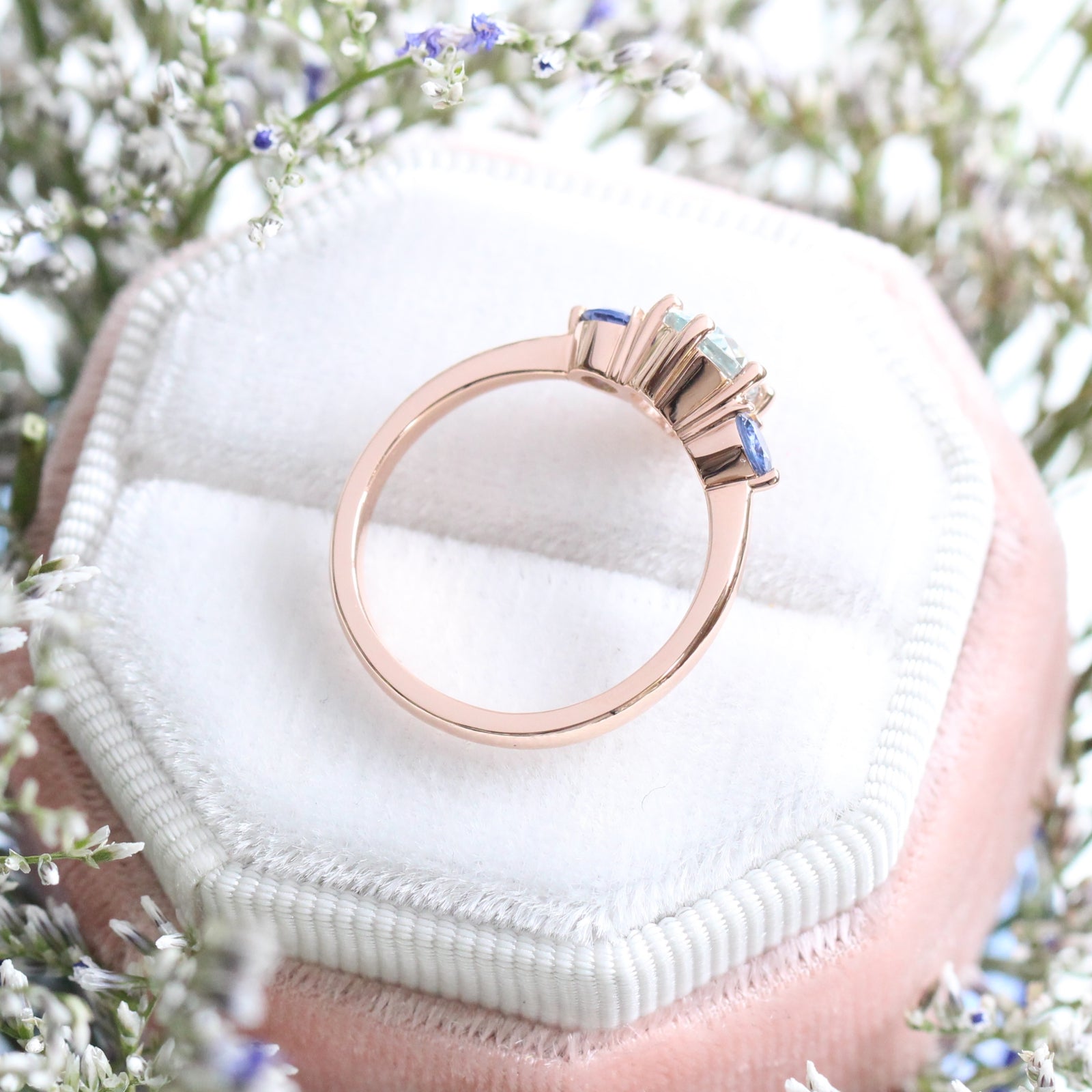 Pear Aqua Blue Sapphire Engagement Ring in Rose Gold 3 Stone Ring by La More Design Jewelry
