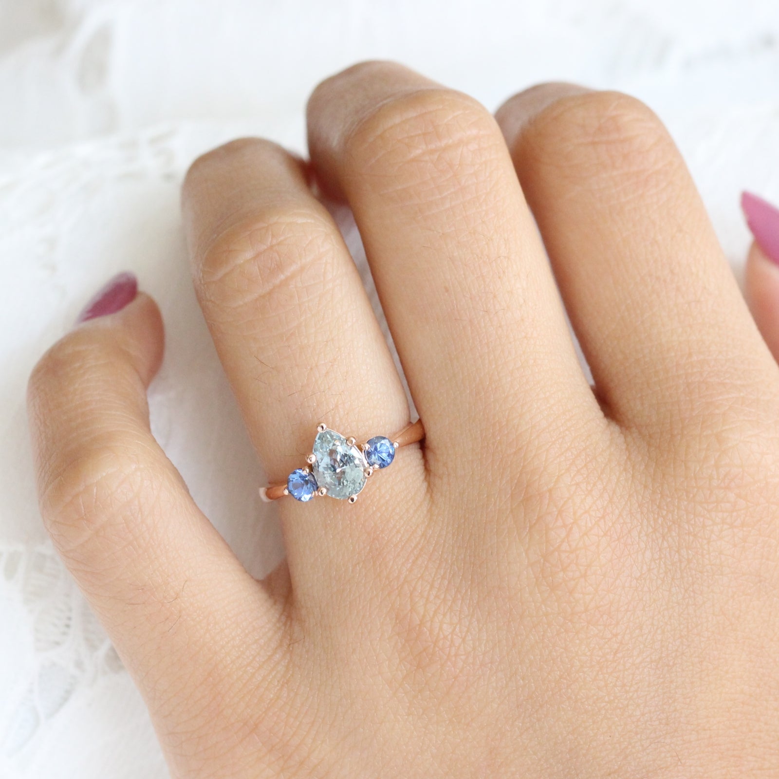 Pear Aqua Blue Sapphire Engagement Ring in Rose Gold 3 Stone Ring by La More Design Jewelry