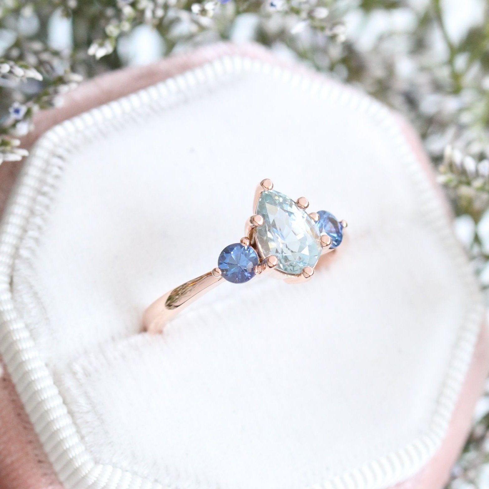 Pear Aqua Blue Sapphire Engagement Ring in Rose Gold 3 Stone Ring by La More Design Jewelry