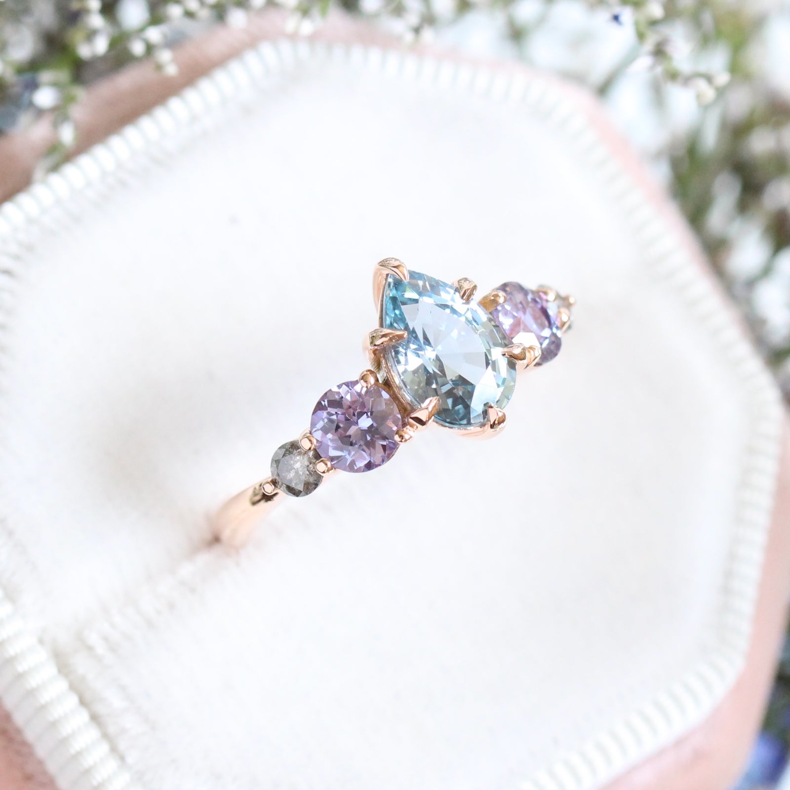 Pear Aqua Blue Sapphire Engagement Ring in Rose Gold 5 Stone Diamond Ring by La More Design Jewelry