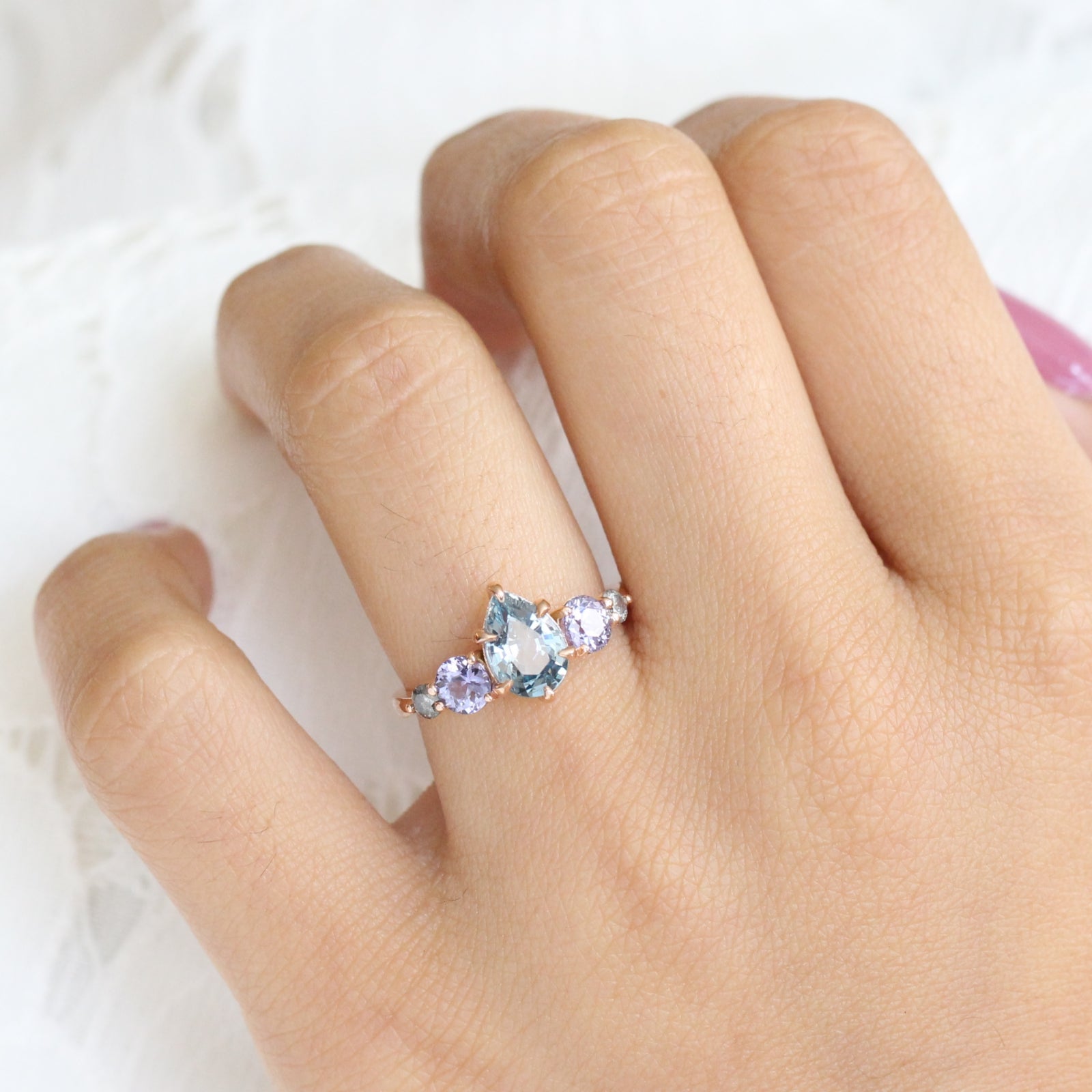 Pear Aqua Blue Sapphire Engagement Ring in Rose Gold 5 Stone Diamond Ring by La More Design Jewelry