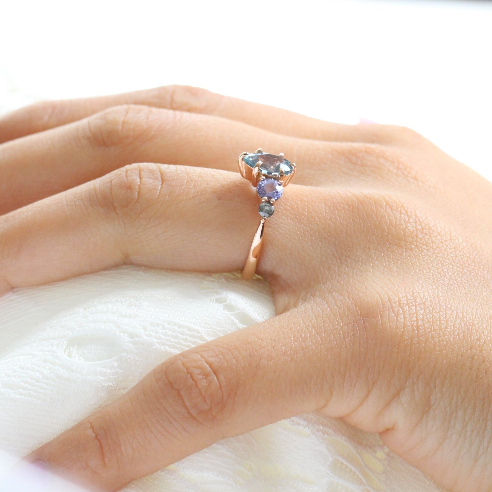 Pear Aqua Blue Sapphire Engagement Ring in Rose Gold 5 Stone Diamond Ring by La More Design Jewelry