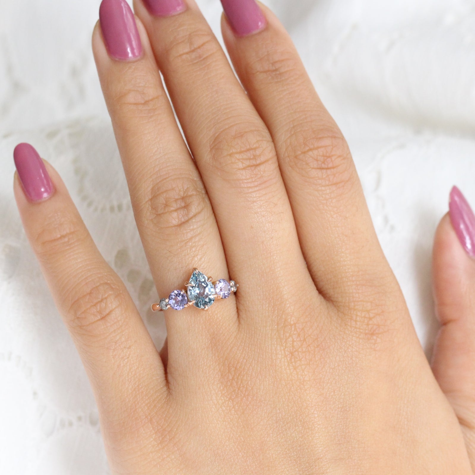 Pear Aqua Blue Sapphire Engagement Ring in Rose Gold 5 Stone Diamond Ring by La More Design Jewelry