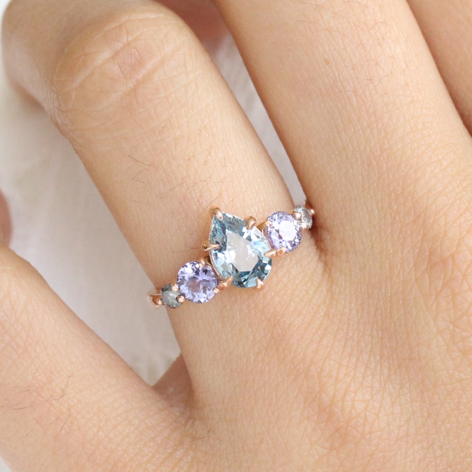 Pear Aqua Blue Sapphire Engagement Ring in Rose Gold 5 Stone Diamond Ring by La More Design Jewelry