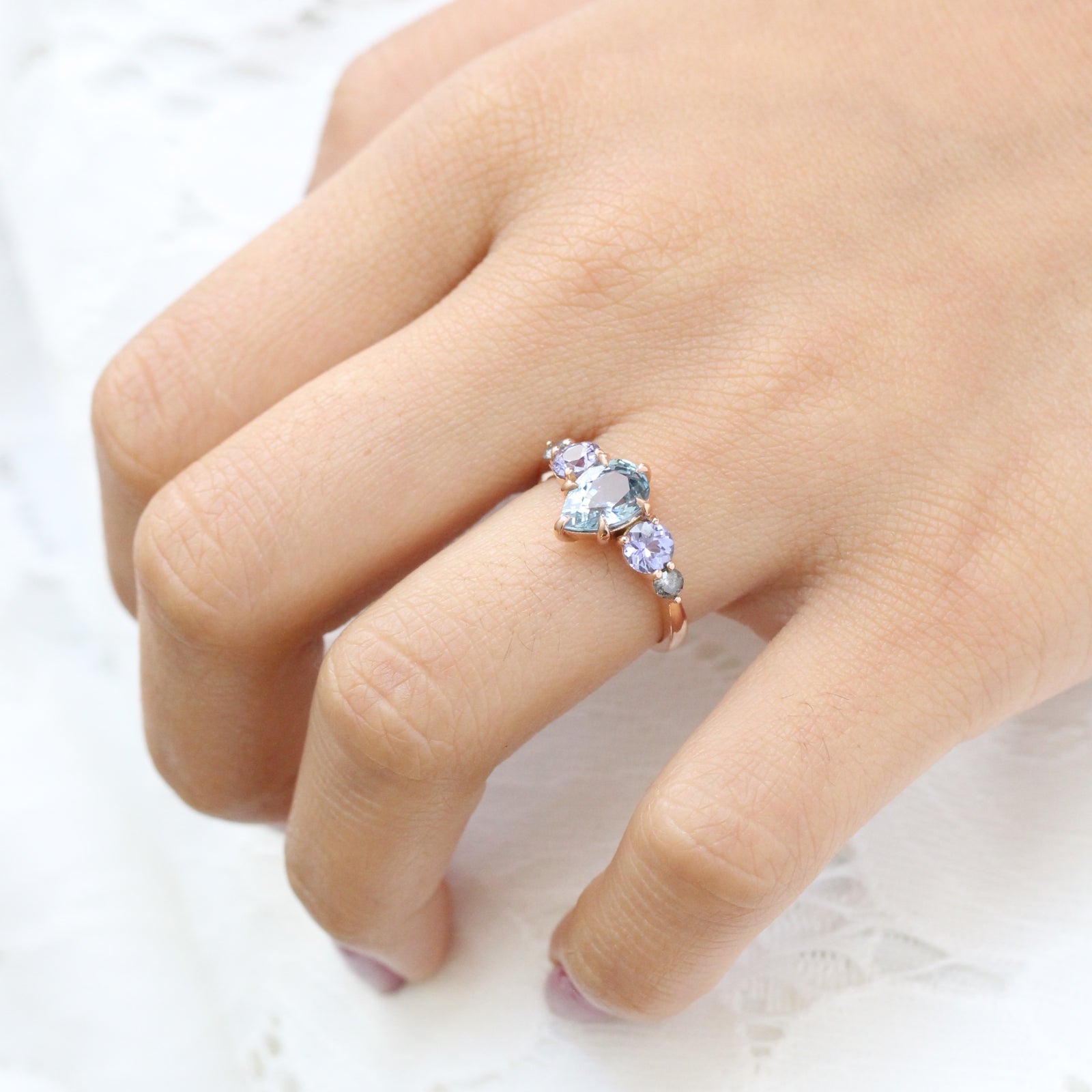 Pear Aqua Blue Sapphire Engagement Ring in Rose Gold 5 Stone Diamond Ring by La More Design Jewelry