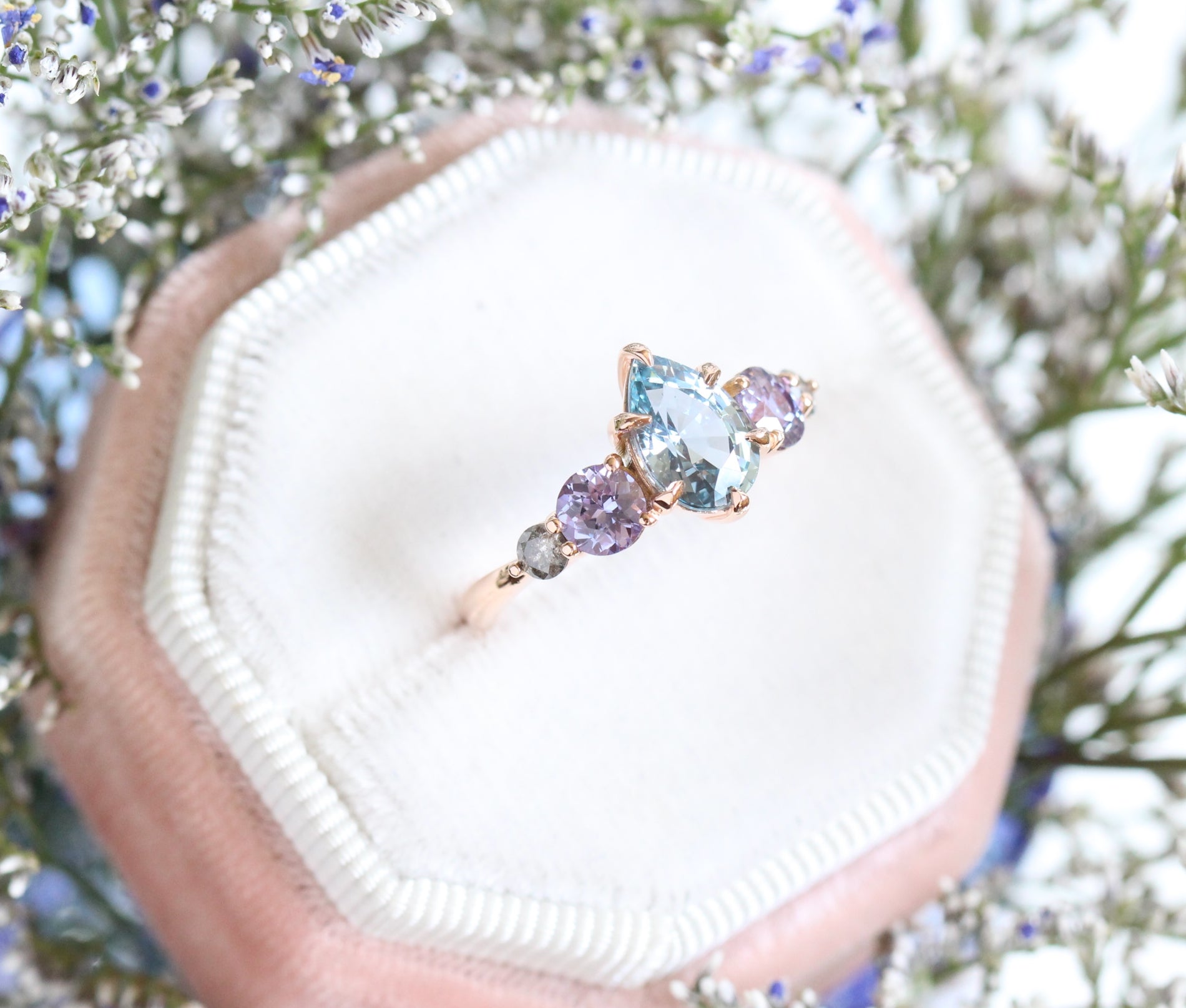 Pear Aqua Blue Sapphire Engagement Ring in Rose Gold 5 Stone Diamond Ring by La More Design Jewelry