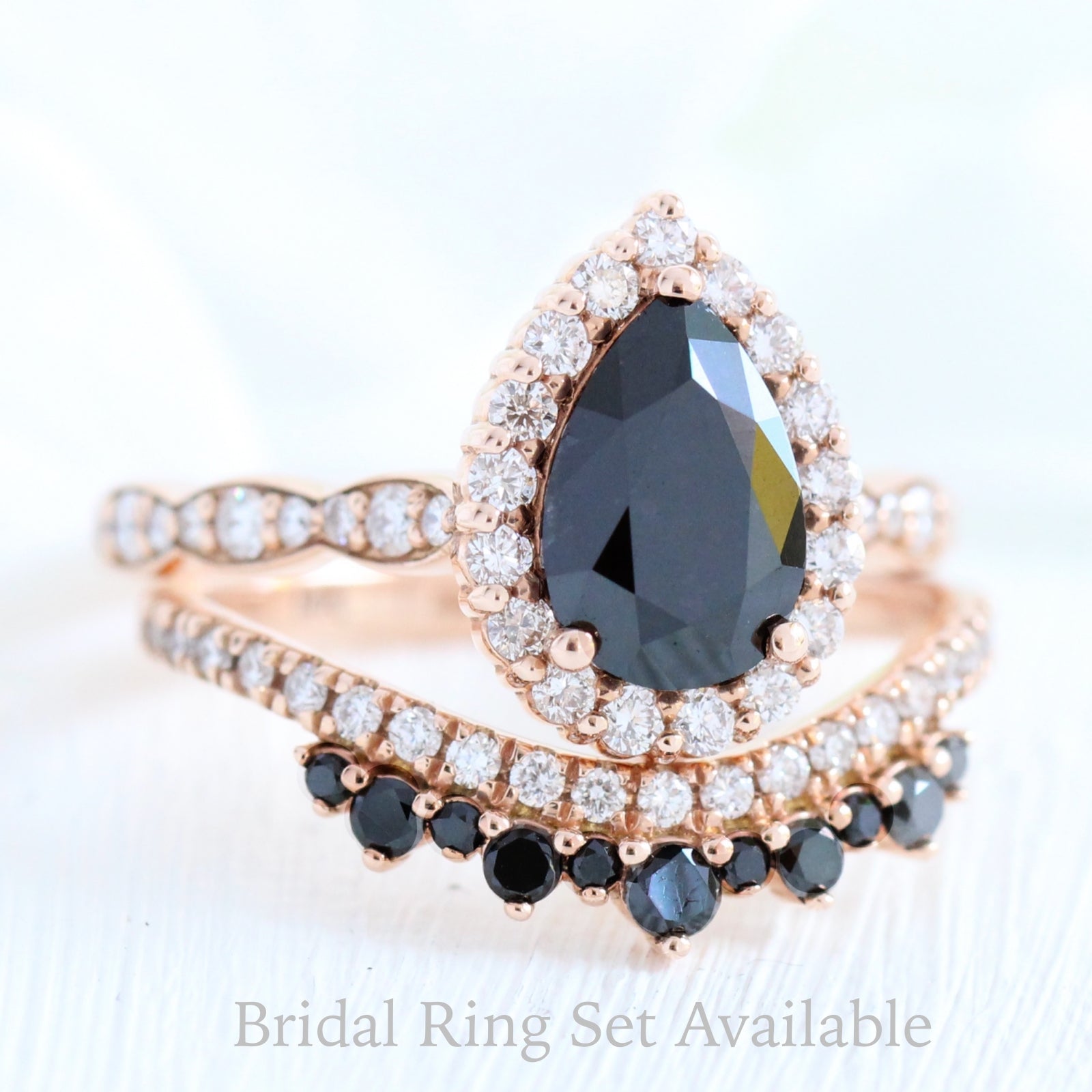 Pear black diamond engagement ring bridal set rose gold crown diamond wedding band by la more design jewelry