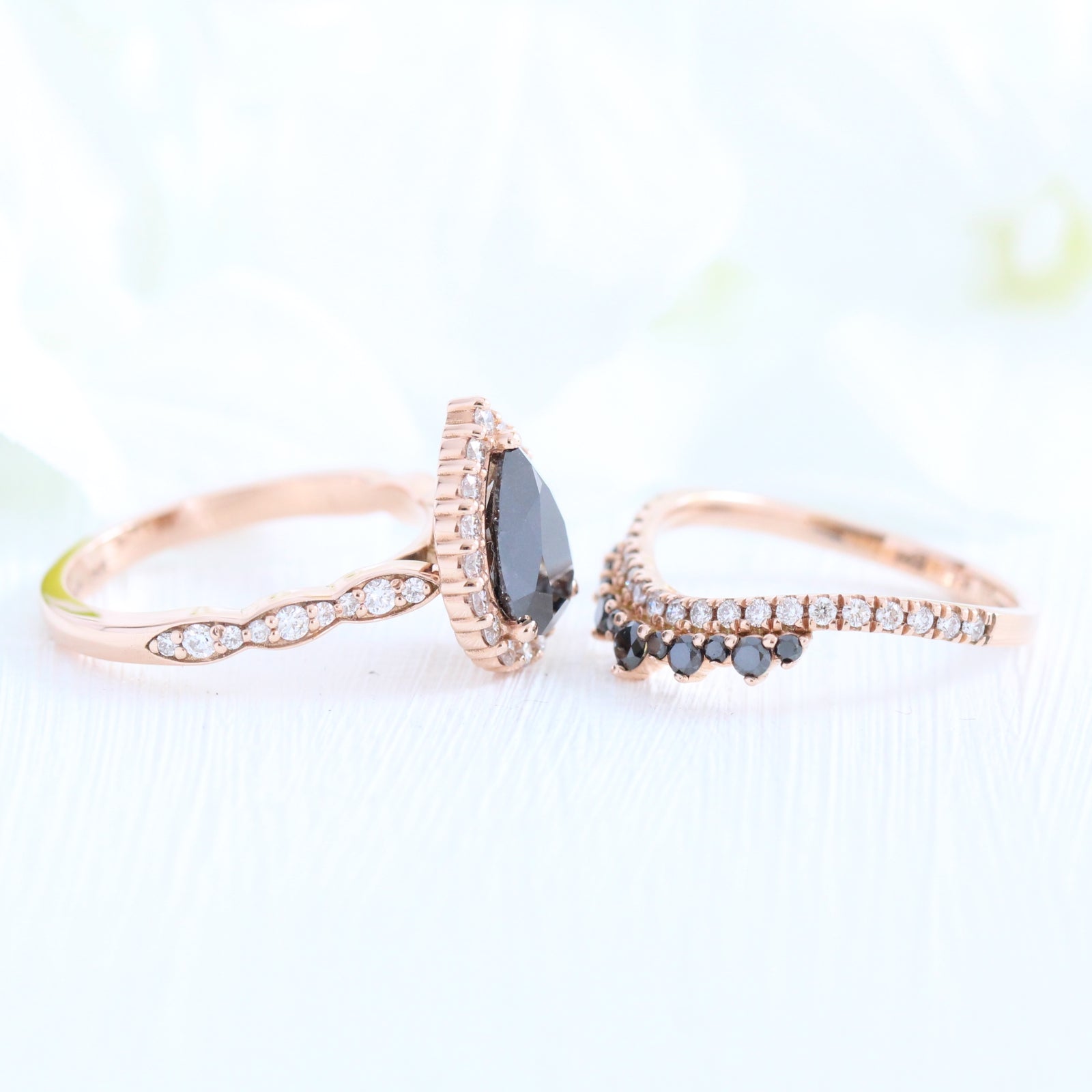 Pear black diamond engagement ring bridal set rose gold crown diamond wedding band by la more design jewelry