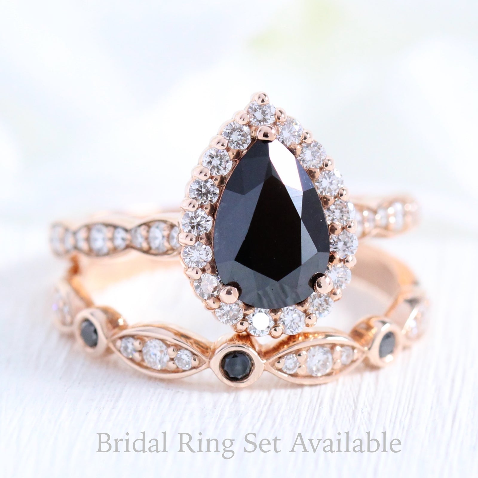 Pear black diamond engagement ring bridal set rose gold halo diamond band by la more design jewelry