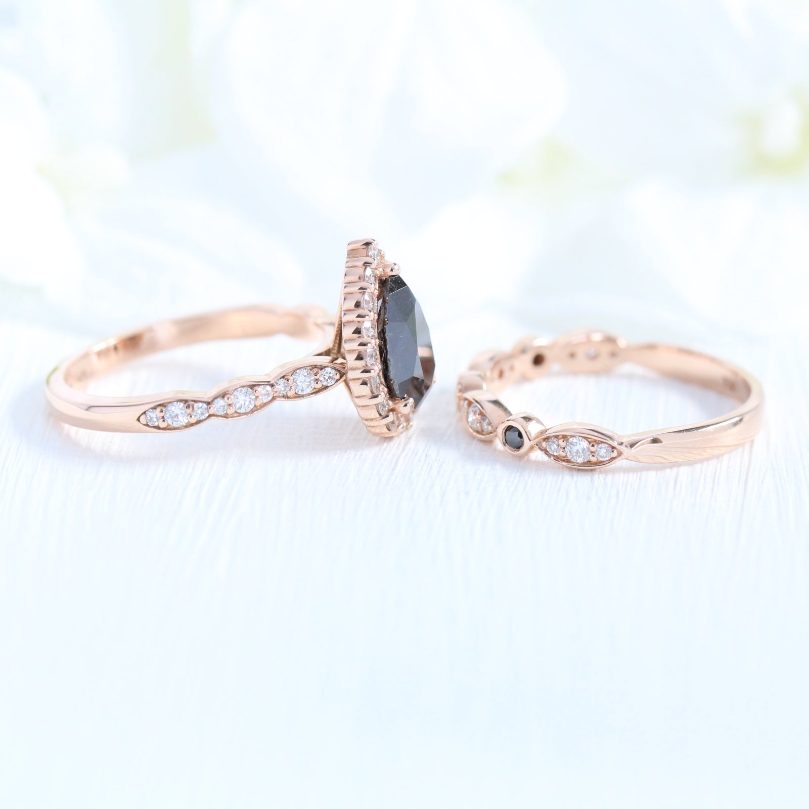 Pear black diamond engagement ring bridal set rose gold halo diamond band by la more design jewelry