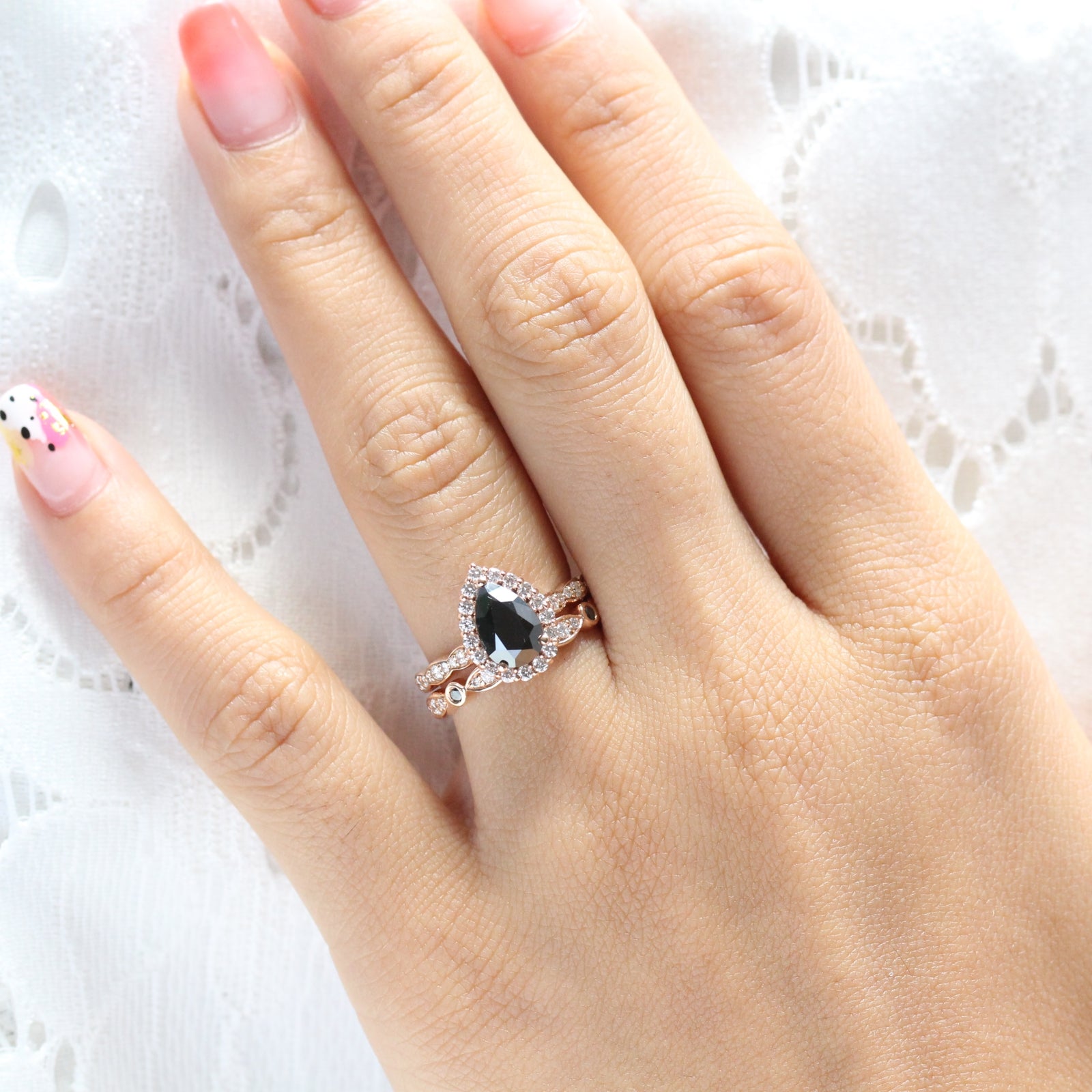 Pear black diamond engagement ring bridal set rose gold halo diamond band by la more design jewelry