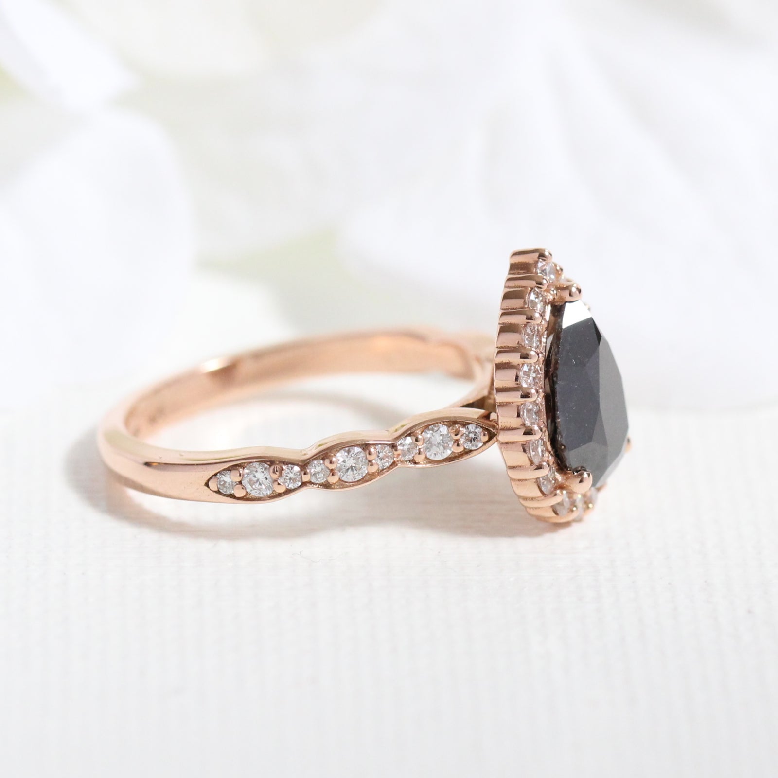 Pear black diamond engagement ring rose gold halo diamond band by la more design jewelry