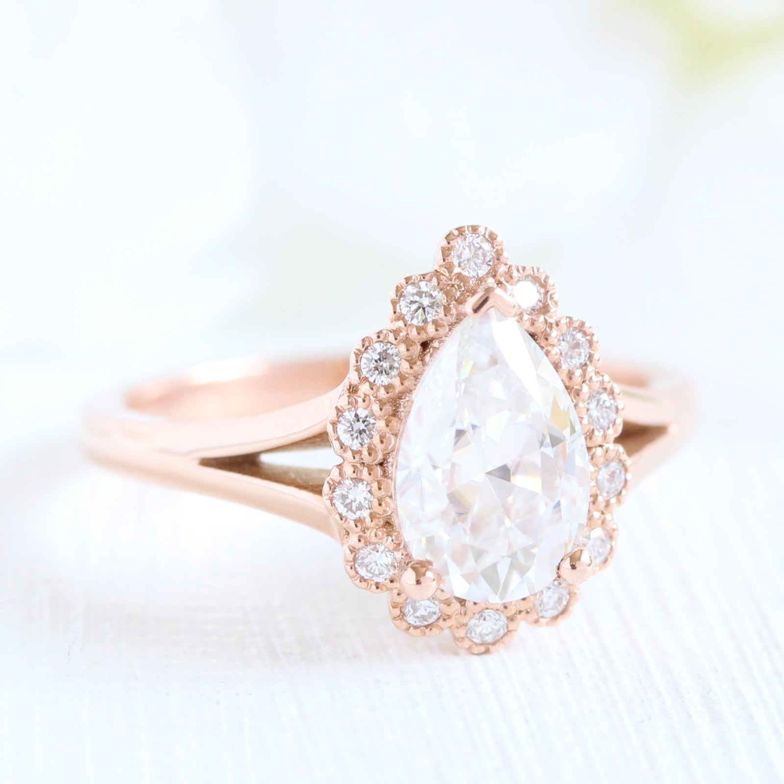 pear moissanite vintage halo engagement ring split shank band rose gold by la more design