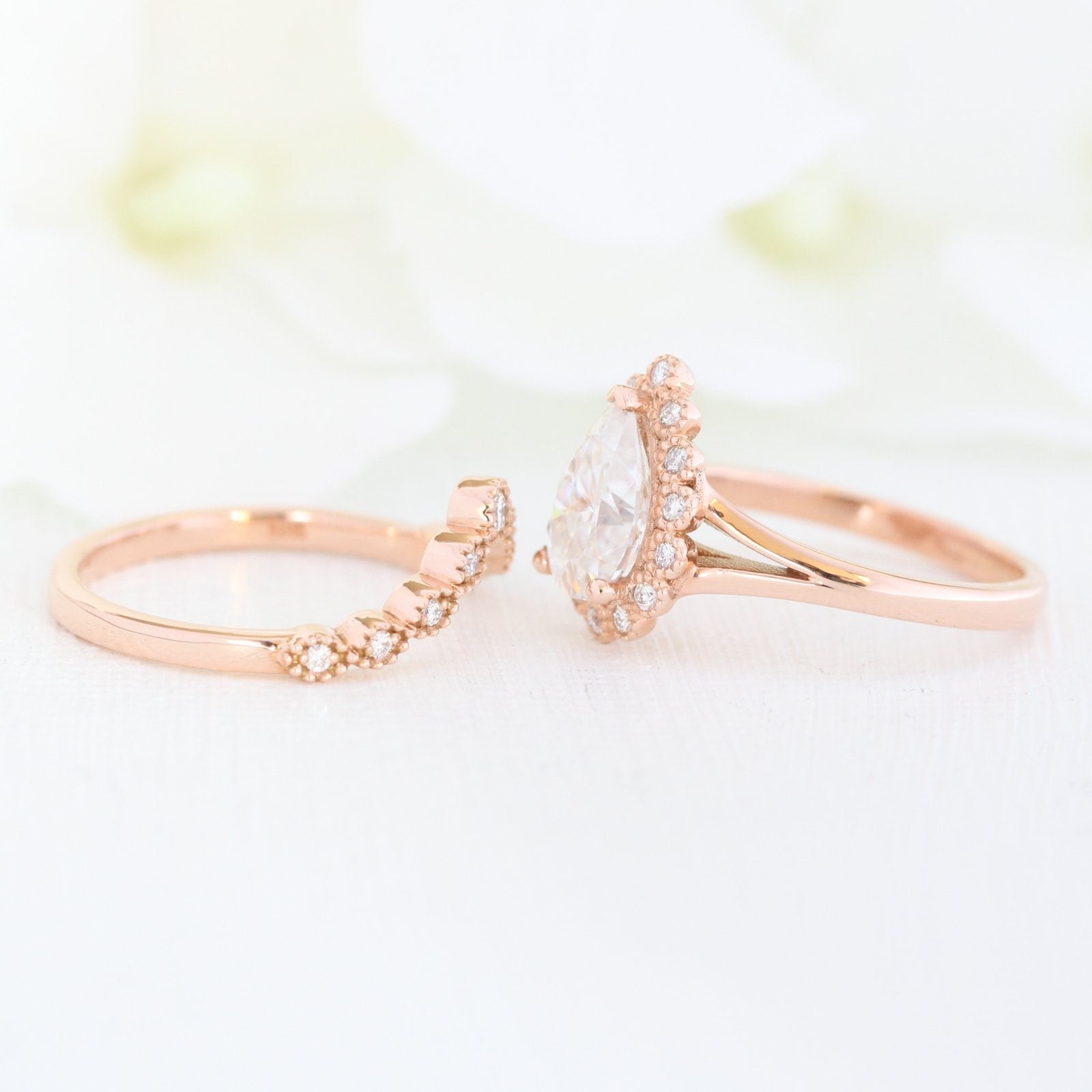 Pear moissanite ring bridal set in rose gold vintage inspired diamond band by la more design