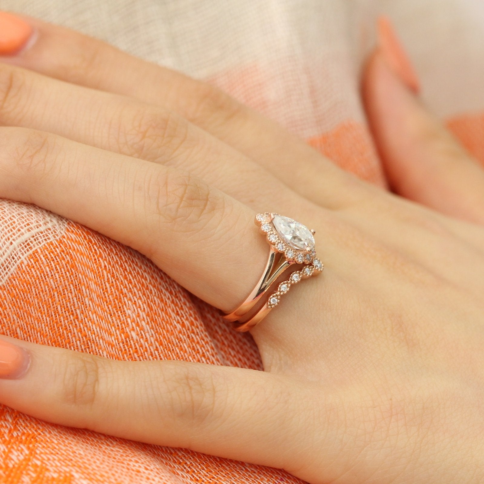 Pear moissanite ring bridal set in rose gold vintage inspired diamond band by la more design