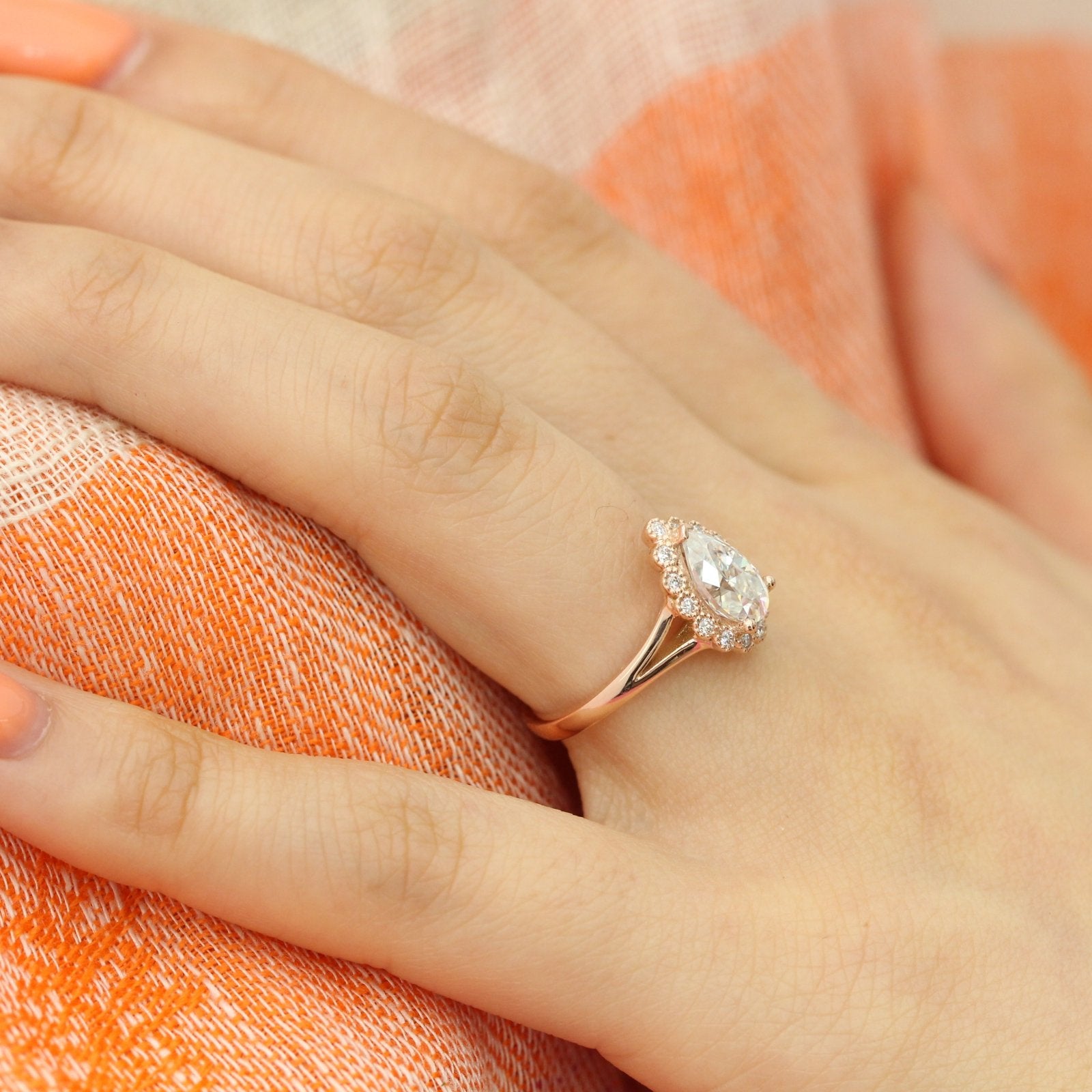 Pear forever one moissanite ring in rose gold vintage halo diamond band by la more design