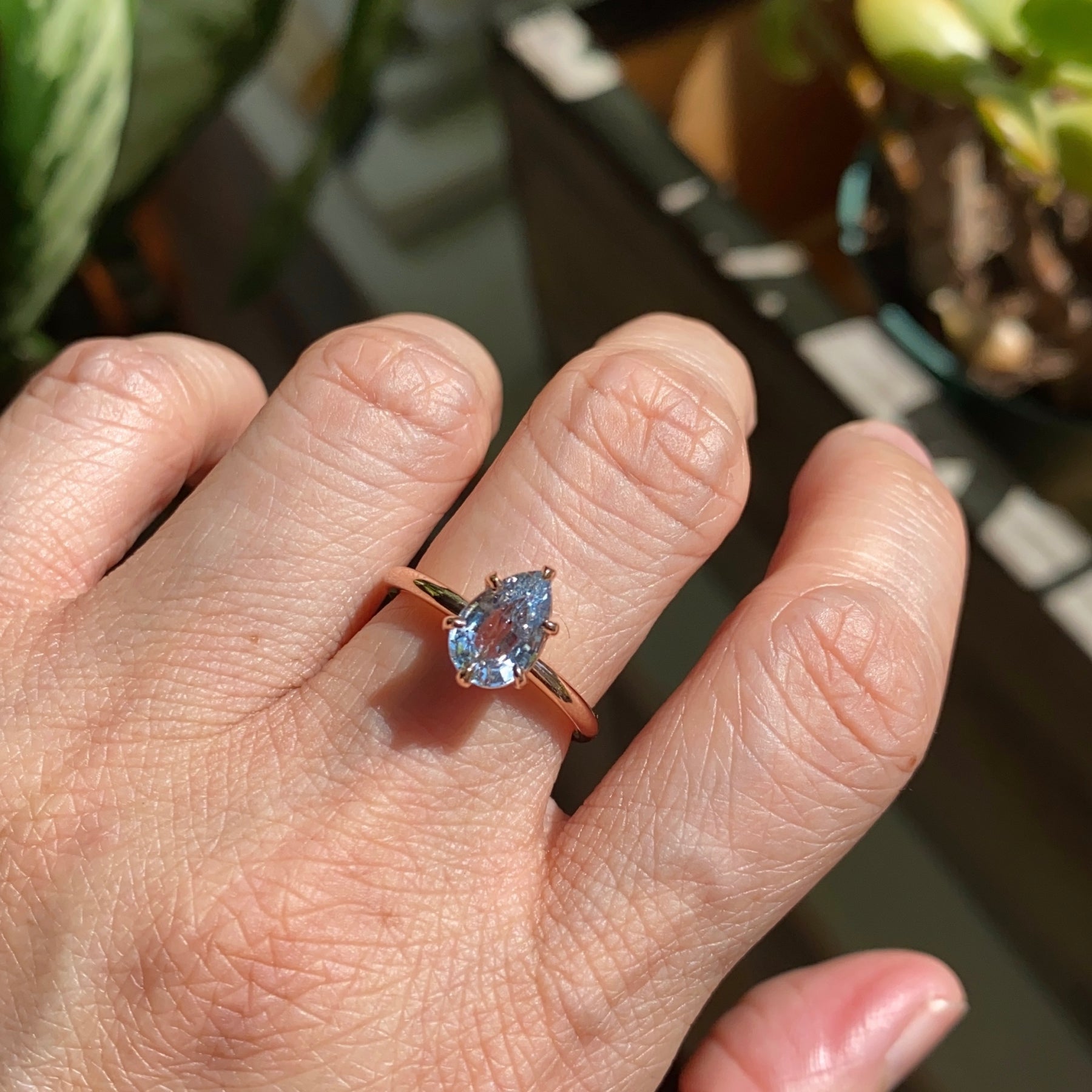 Pear aqua blue sapphire engagement ring rose gold low profile solitaire ring la more design jewelry