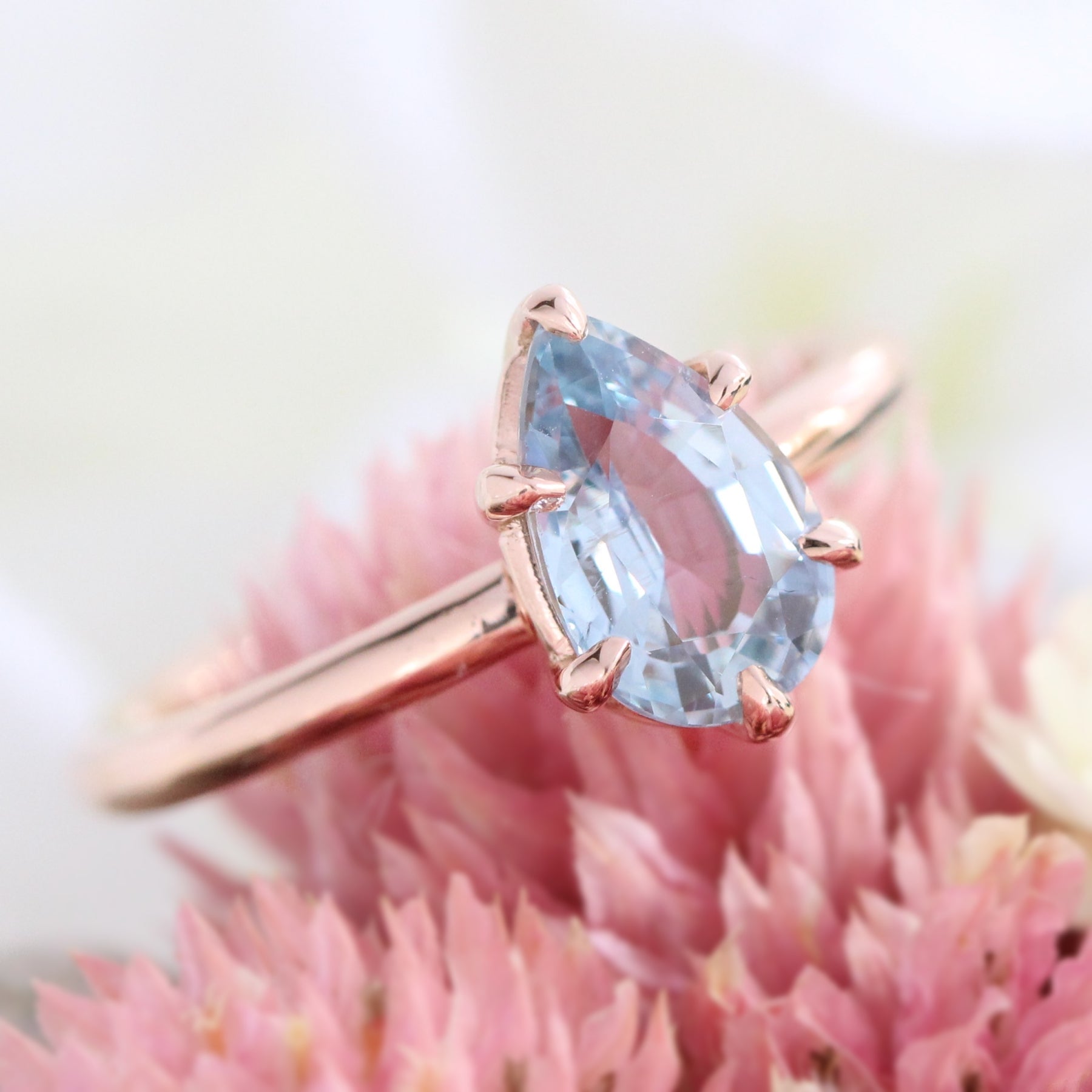 Pear aqua blue sapphire engagement ring rose gold low profile solitaire ring la more design jewelry