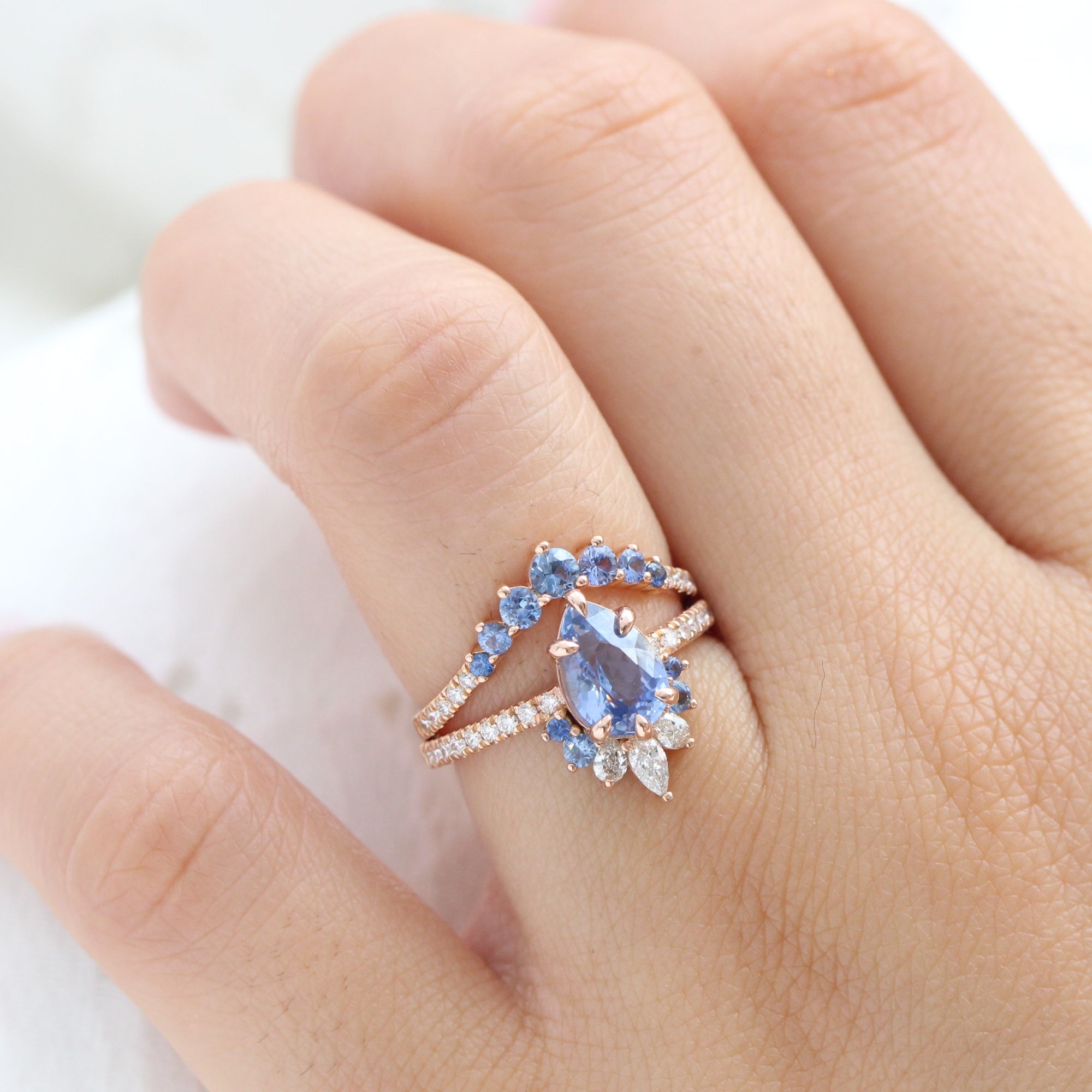 Pear aqua blue sapphire ring rose gold cluster diamond ring peacock ring la more design jewelry