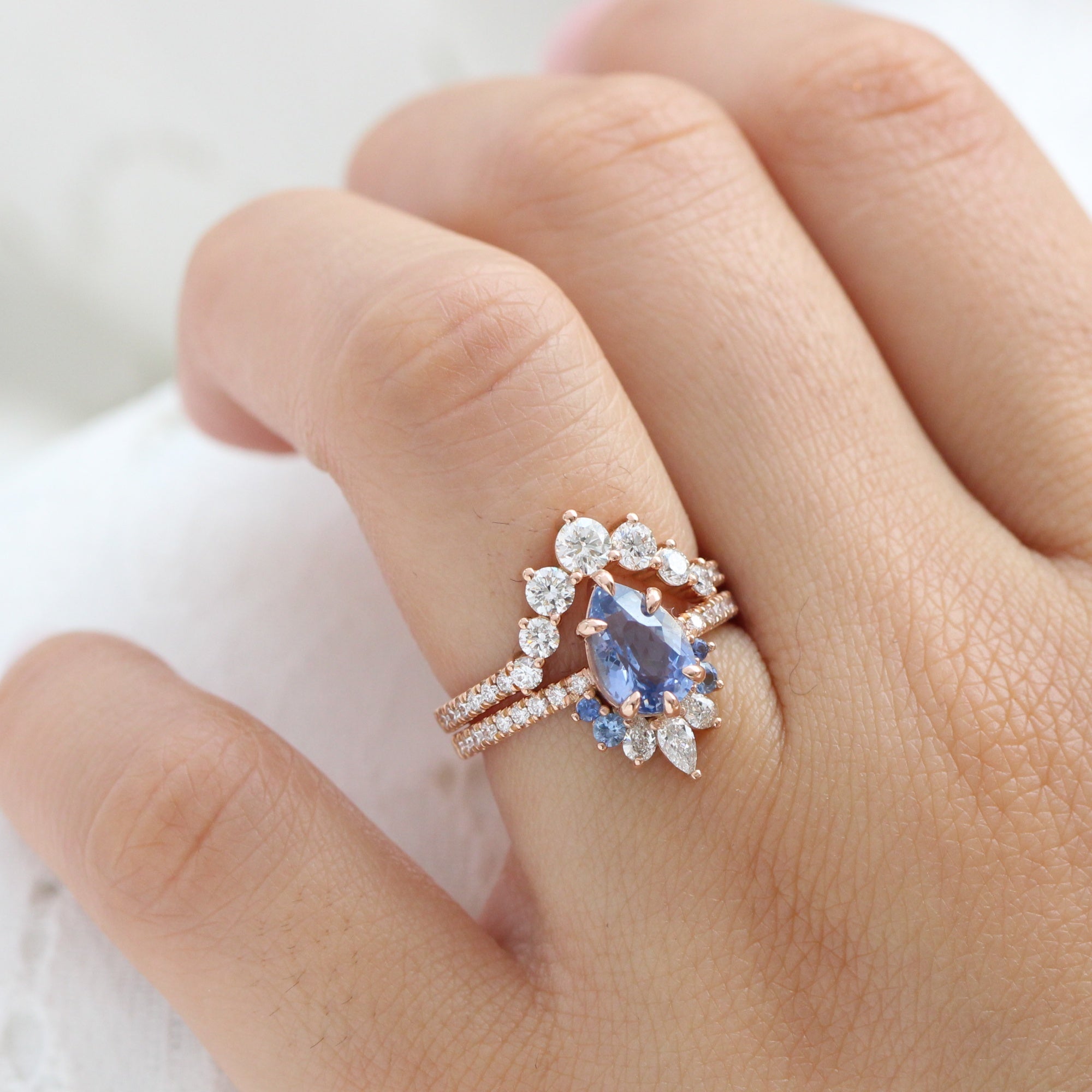 Pear aqua blue sapphire ring rose gold cluster diamond ring peacock ring la more design jewelry