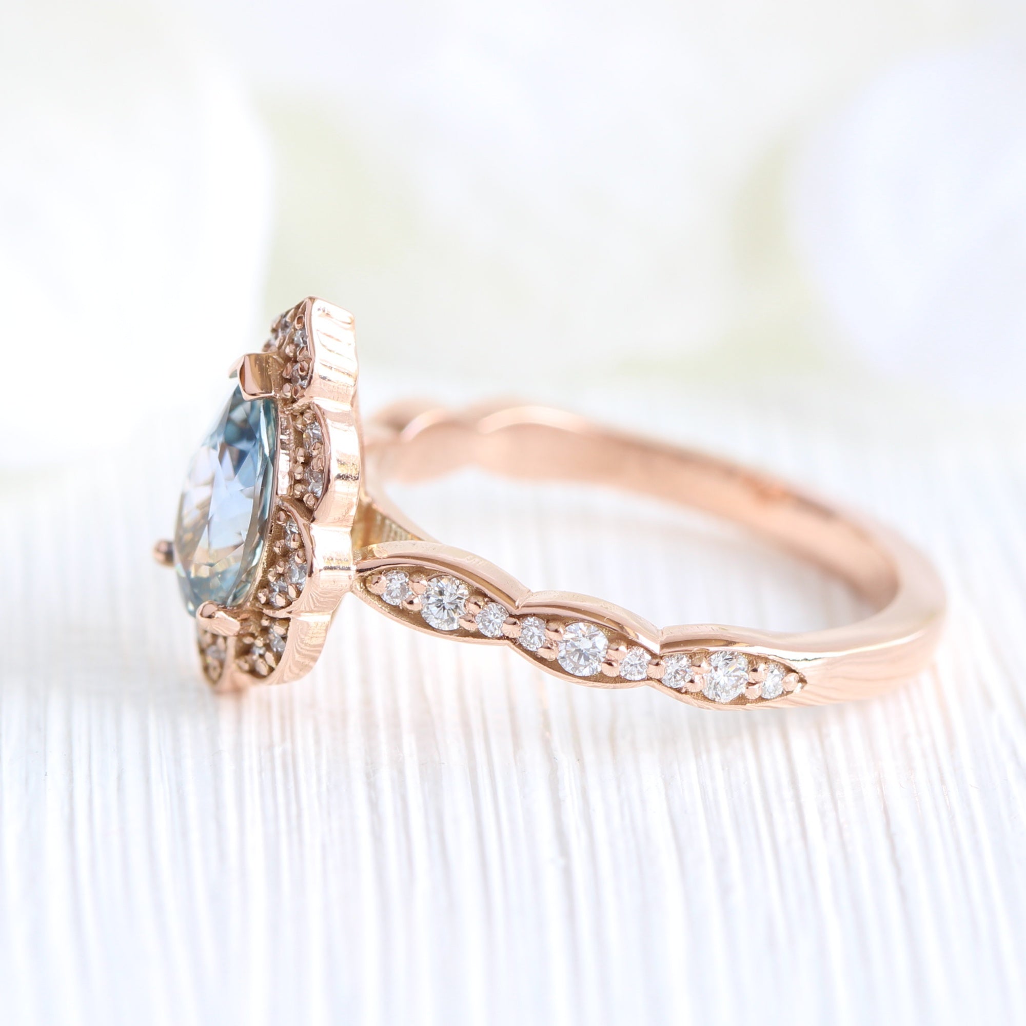 Pear aqua blue sapphire ring rose gold vintage halo diamond ring la more design jewelry