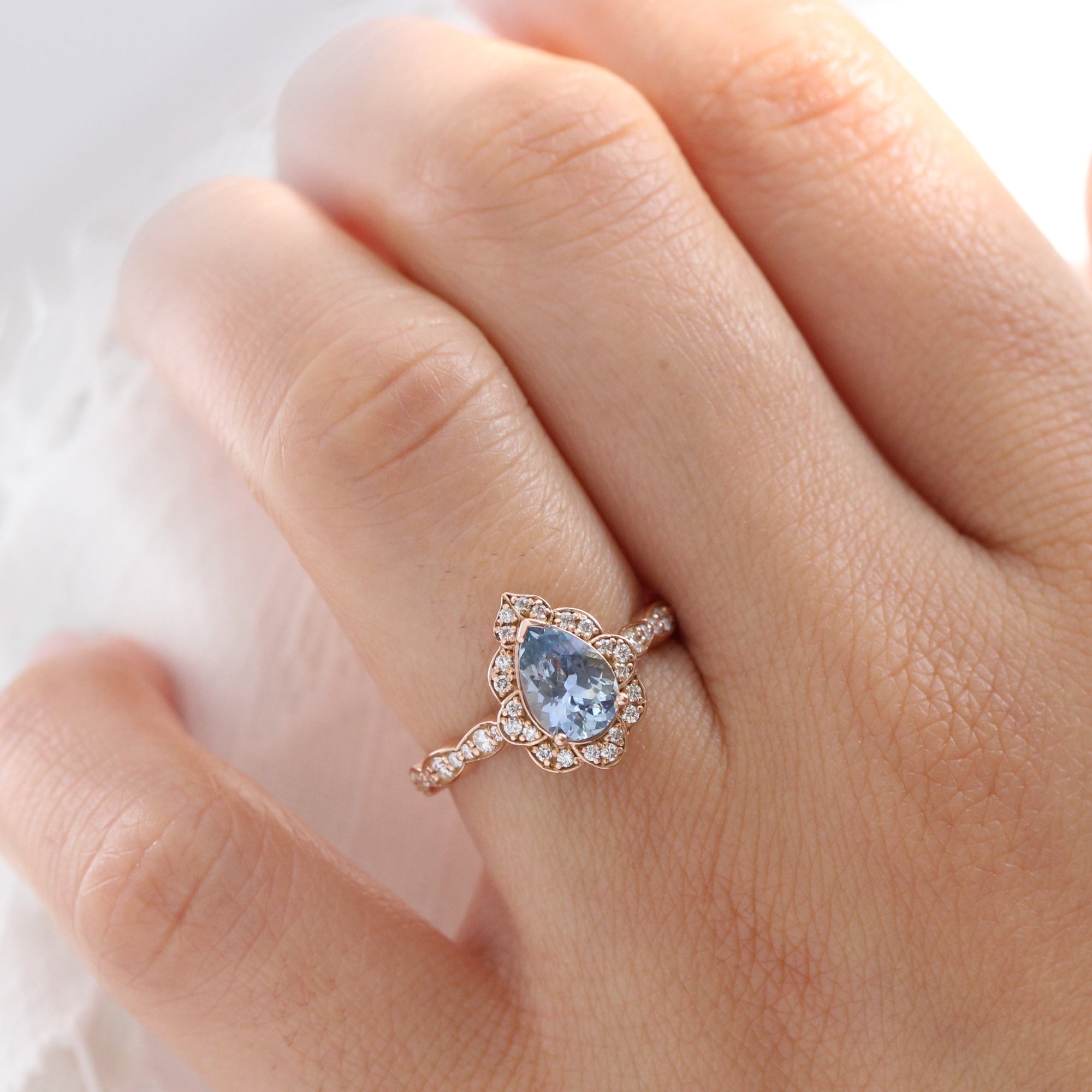 Pear aqua blue sapphire ring rose gold vintage halo diamond ring la more design jewelry