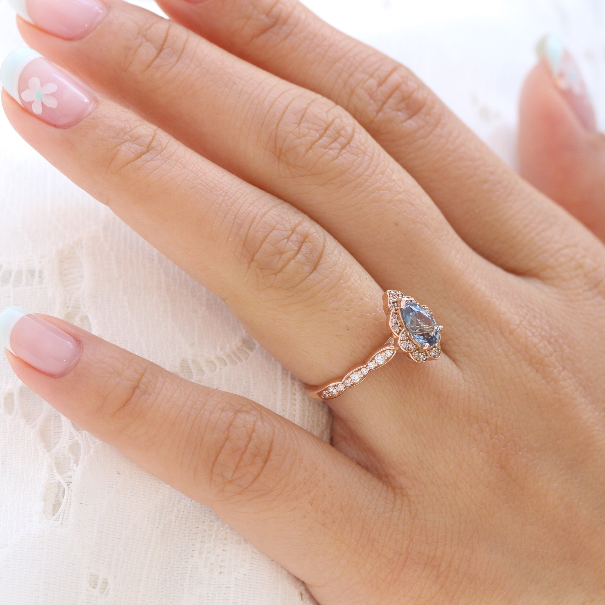 Pear aqua blue sapphire ring rose gold vintage halo diamond ring la more design jewelry