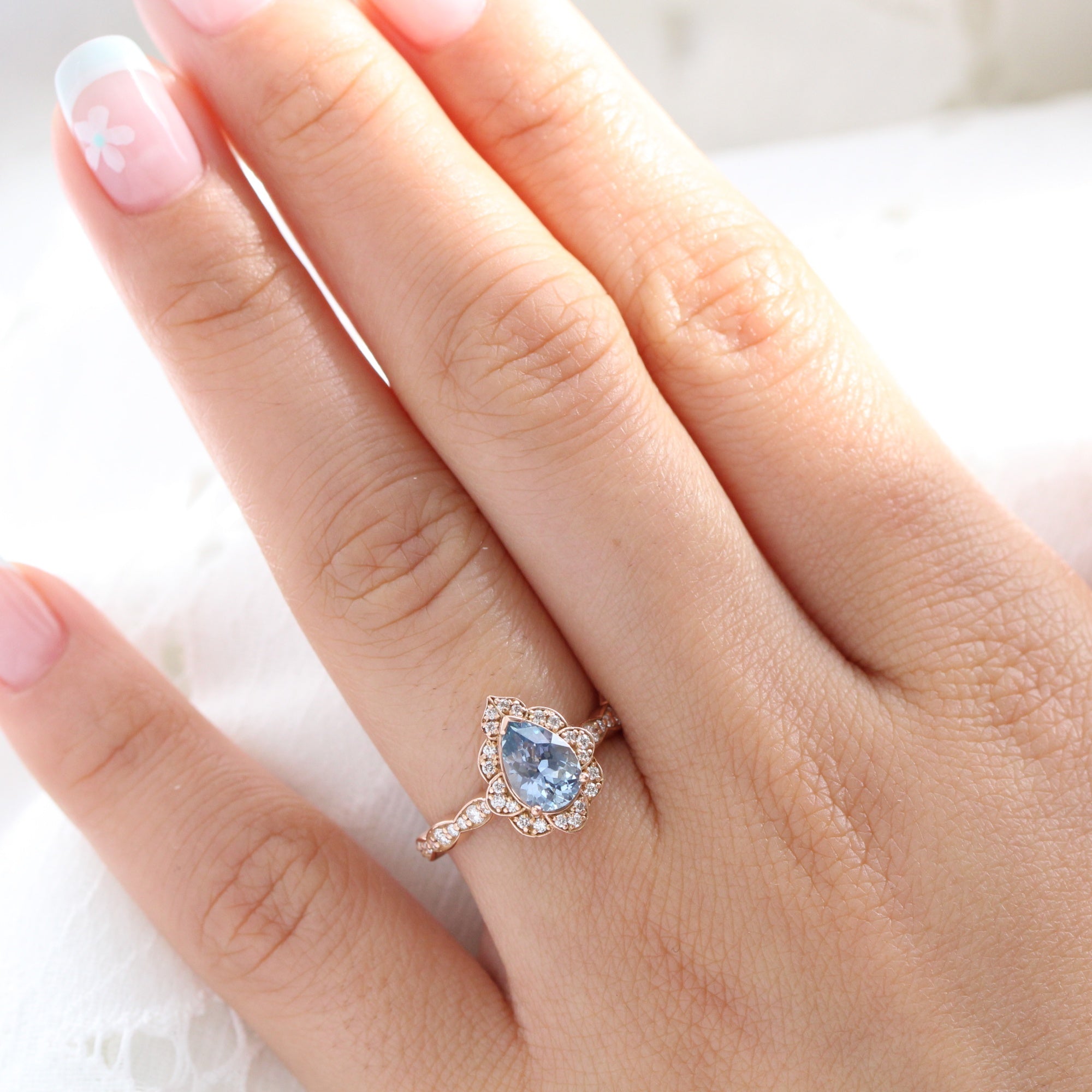 Pear aqua blue sapphire ring rose gold vintage halo diamond ring la more design jewelry