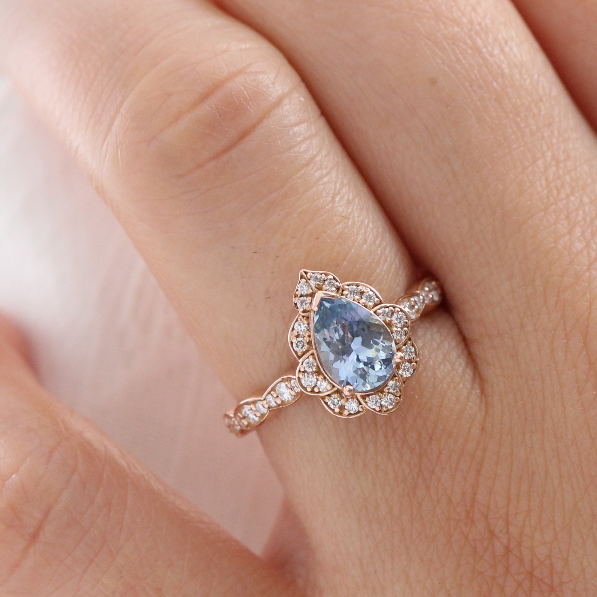 Pear aqua blue sapphire ring rose gold vintage halo diamond ring la more design jewelry