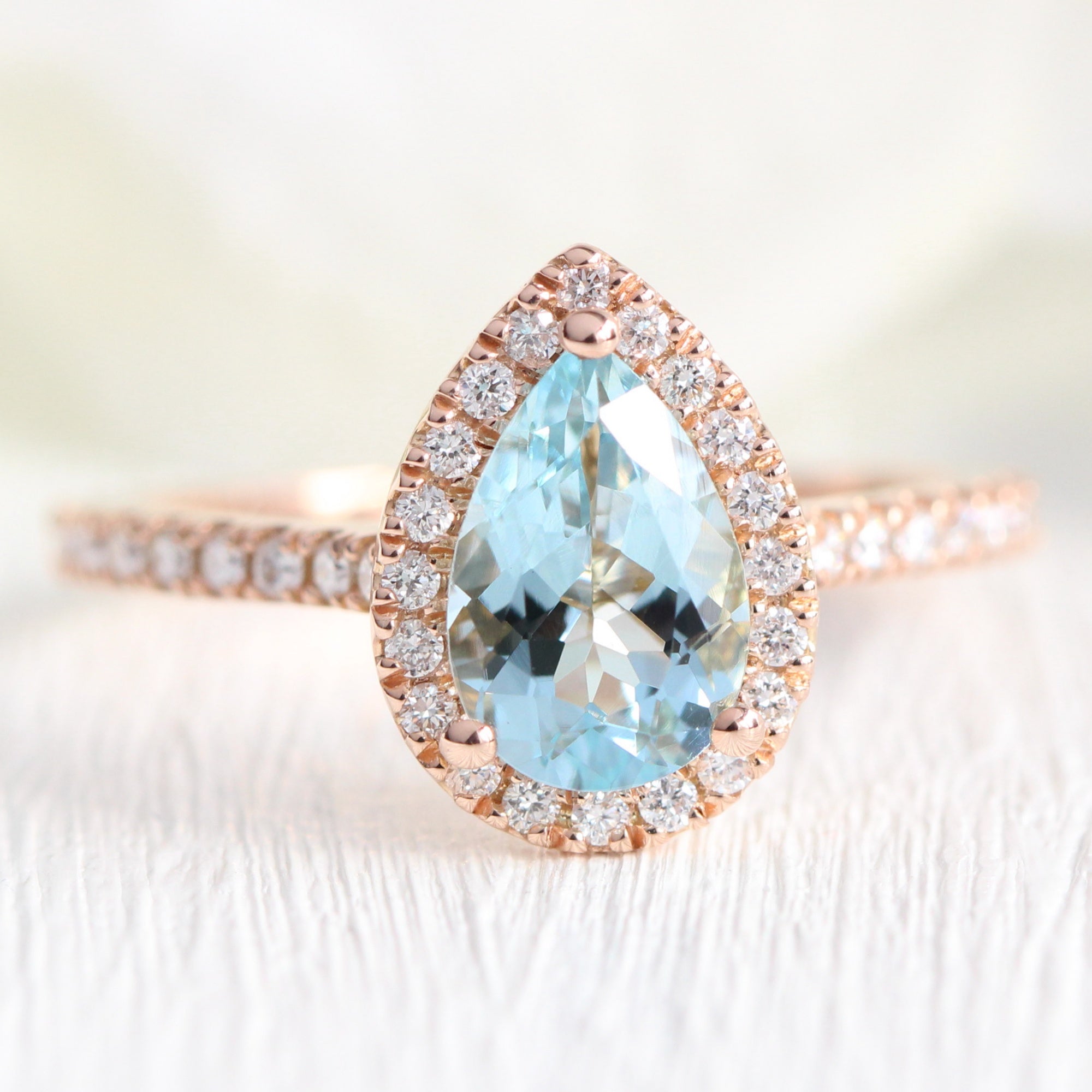 Pear aquamarine ring rose gold halo diamond ring la more design jewelry