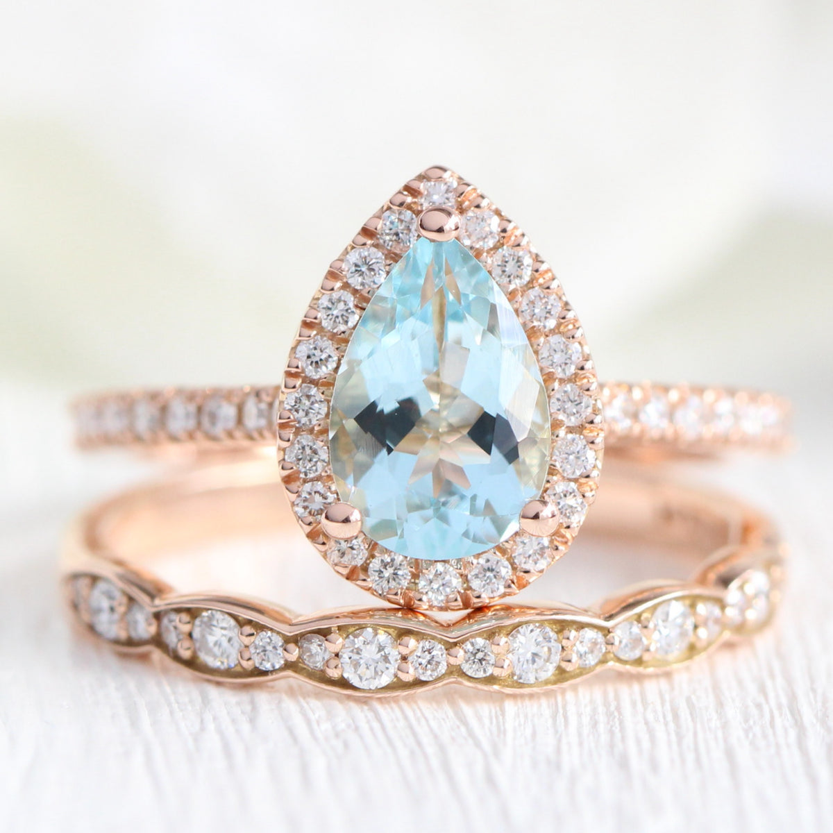 Pear aquamarine ring rose gold matching diamond wedding ring set la more design jewelry