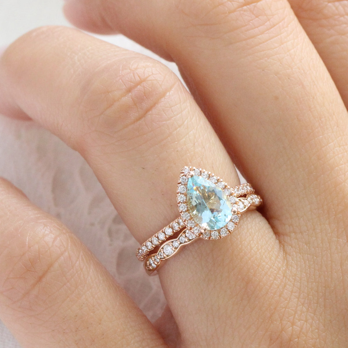 Pear aquamarine ring rose gold matching diamond wedding ring set la more design jewelry