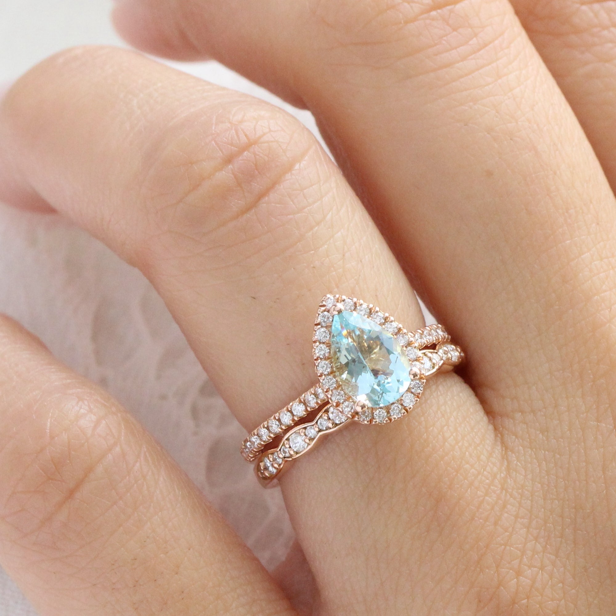 Pear aquamarine ring rose gold matching diamond wedding ring set la more design jewelry