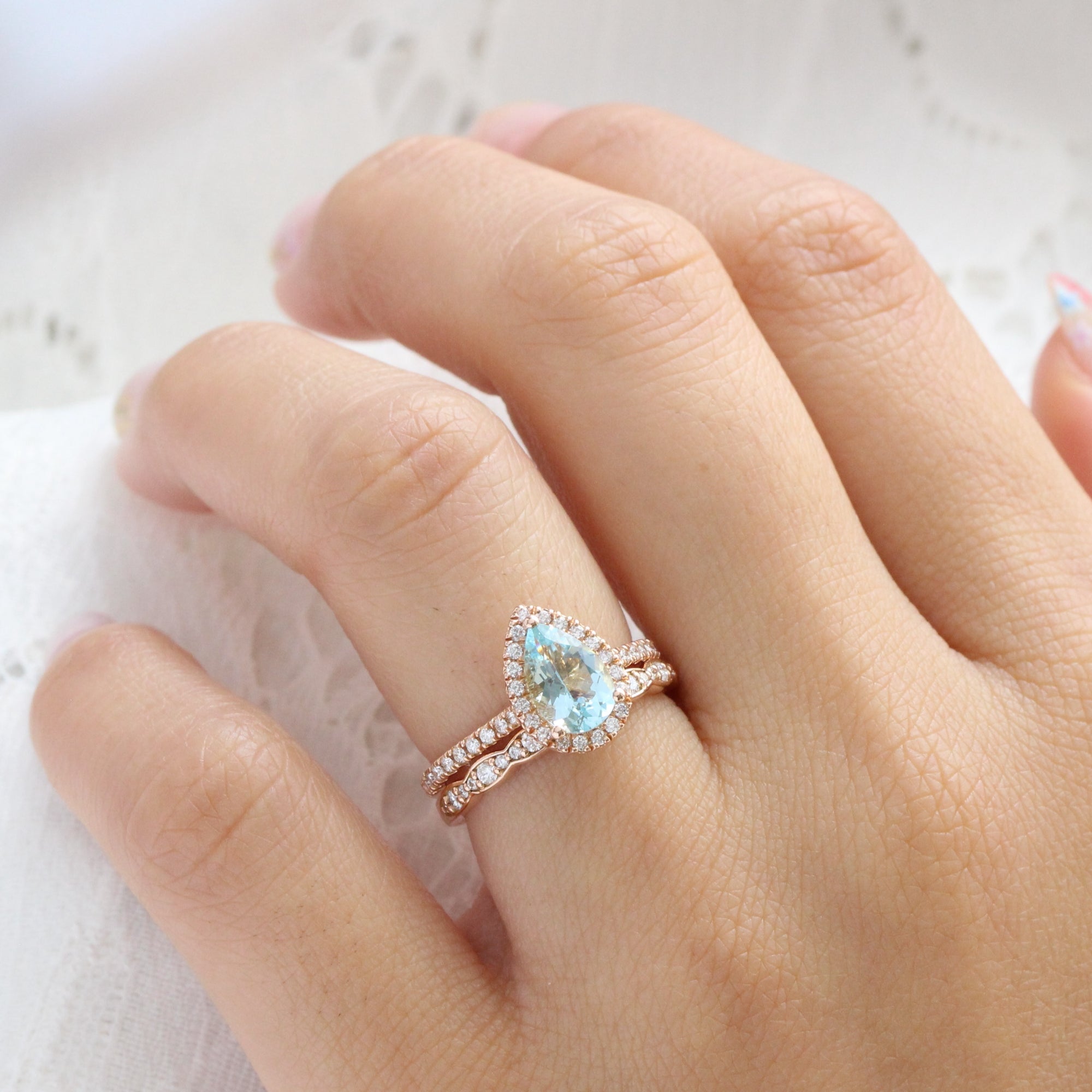 Pear aquamarine ring rose gold matching diamond wedding ring set la more design jewelry
