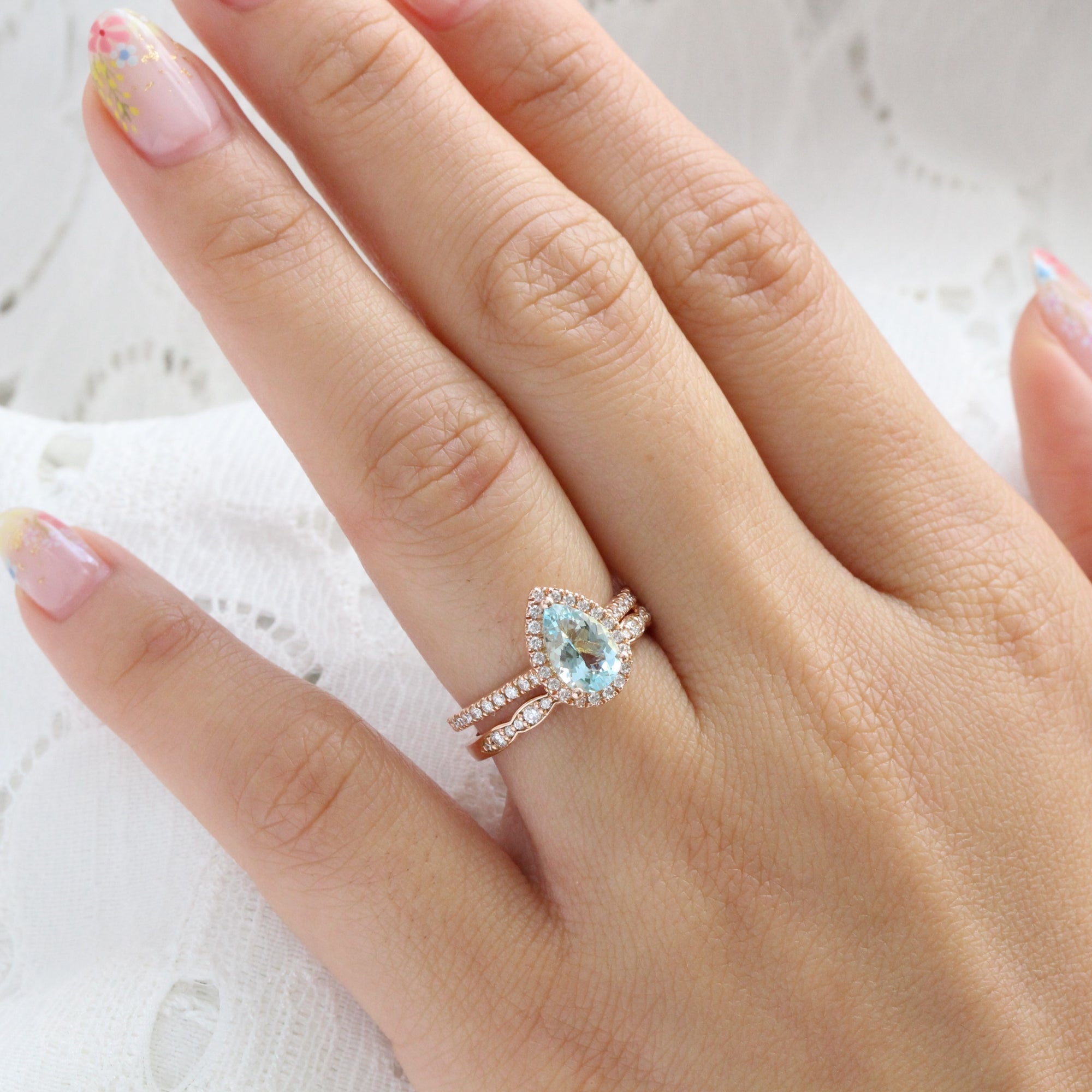 Pear aquamarine ring rose gold matching diamond wedding ring set la more design jewelry
