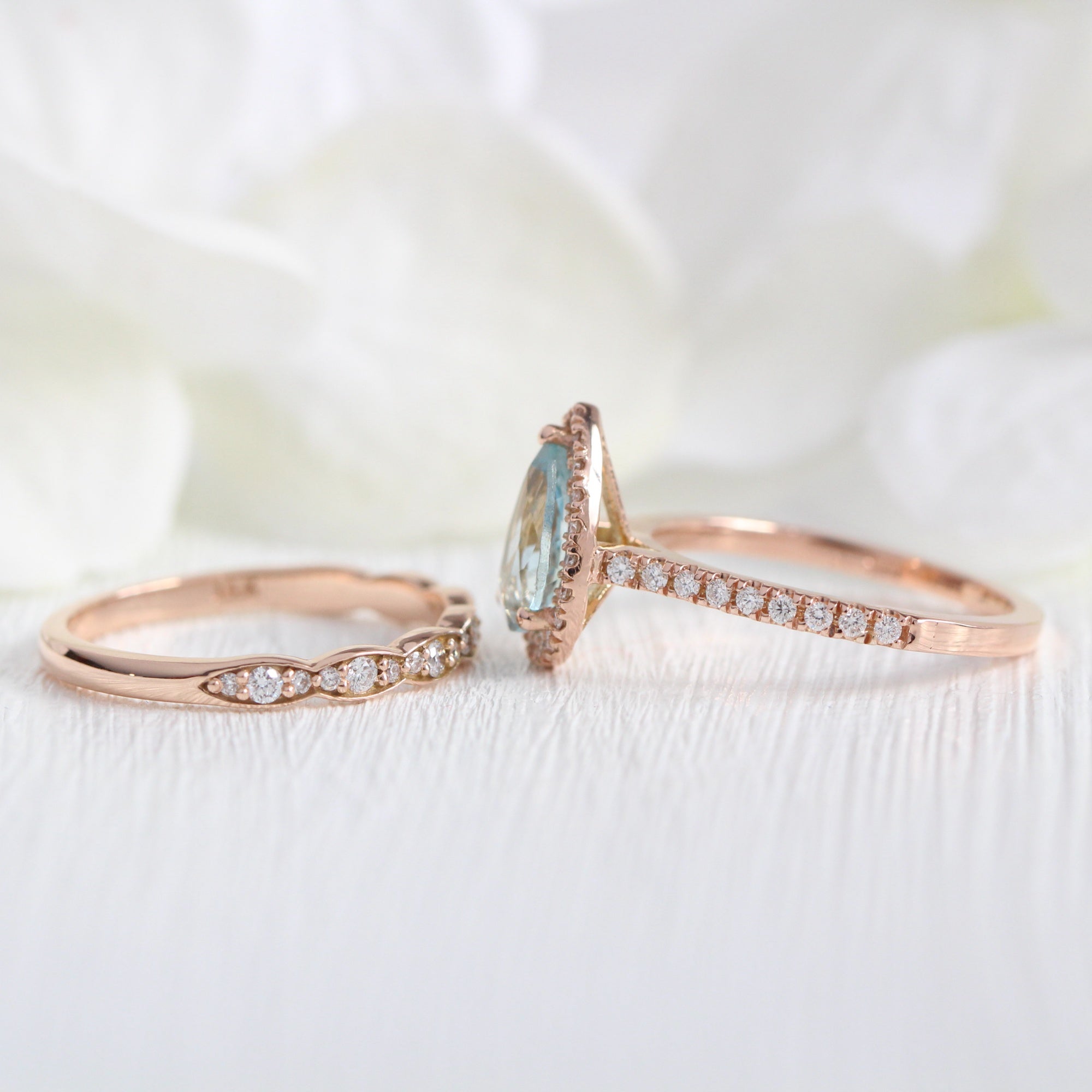 Pear aquamarine ring rose gold matching diamond wedding ring set la more design jewelry