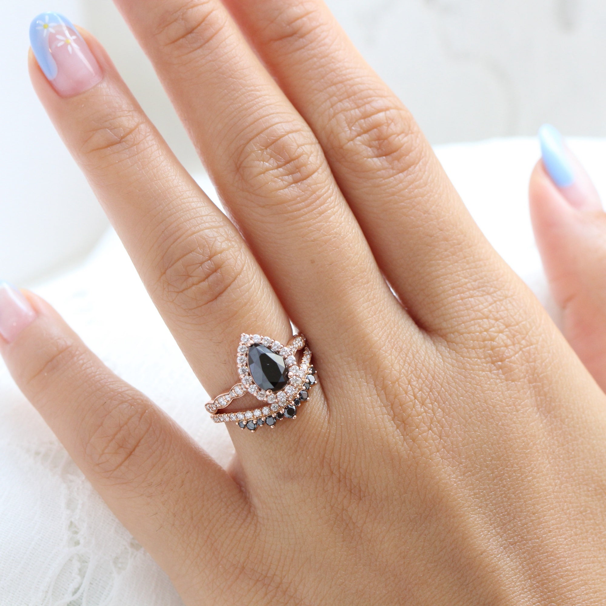 Pear black diamond engagement ring bridal set rose gold crown diamond wedding band by la more design jewelry