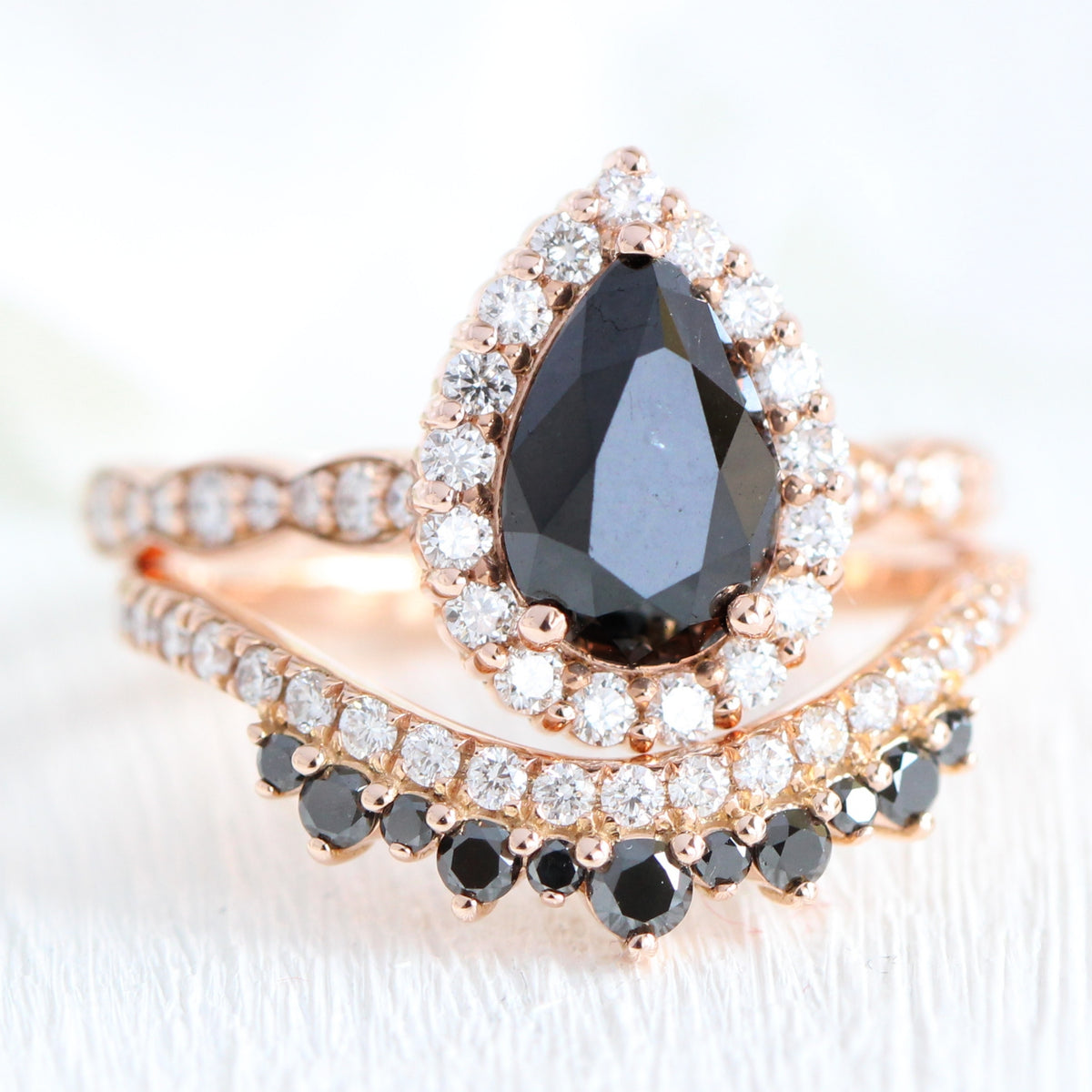 Pear black diamond engagement ring bridal set rose gold crown diamond wedding band by la more design jewelry