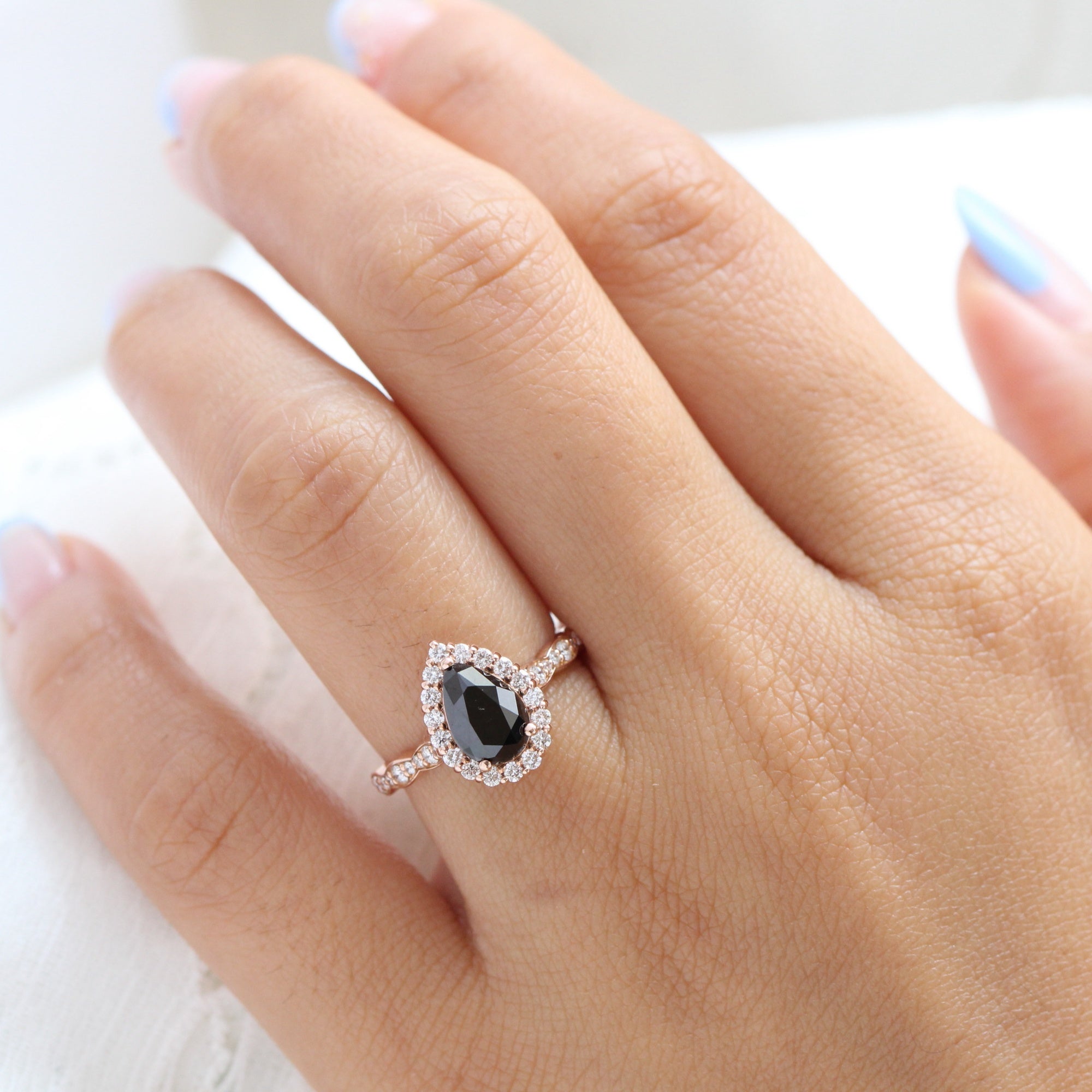 Pear black diamond engagement ring rose gold halo diamond band by la more design jewelry