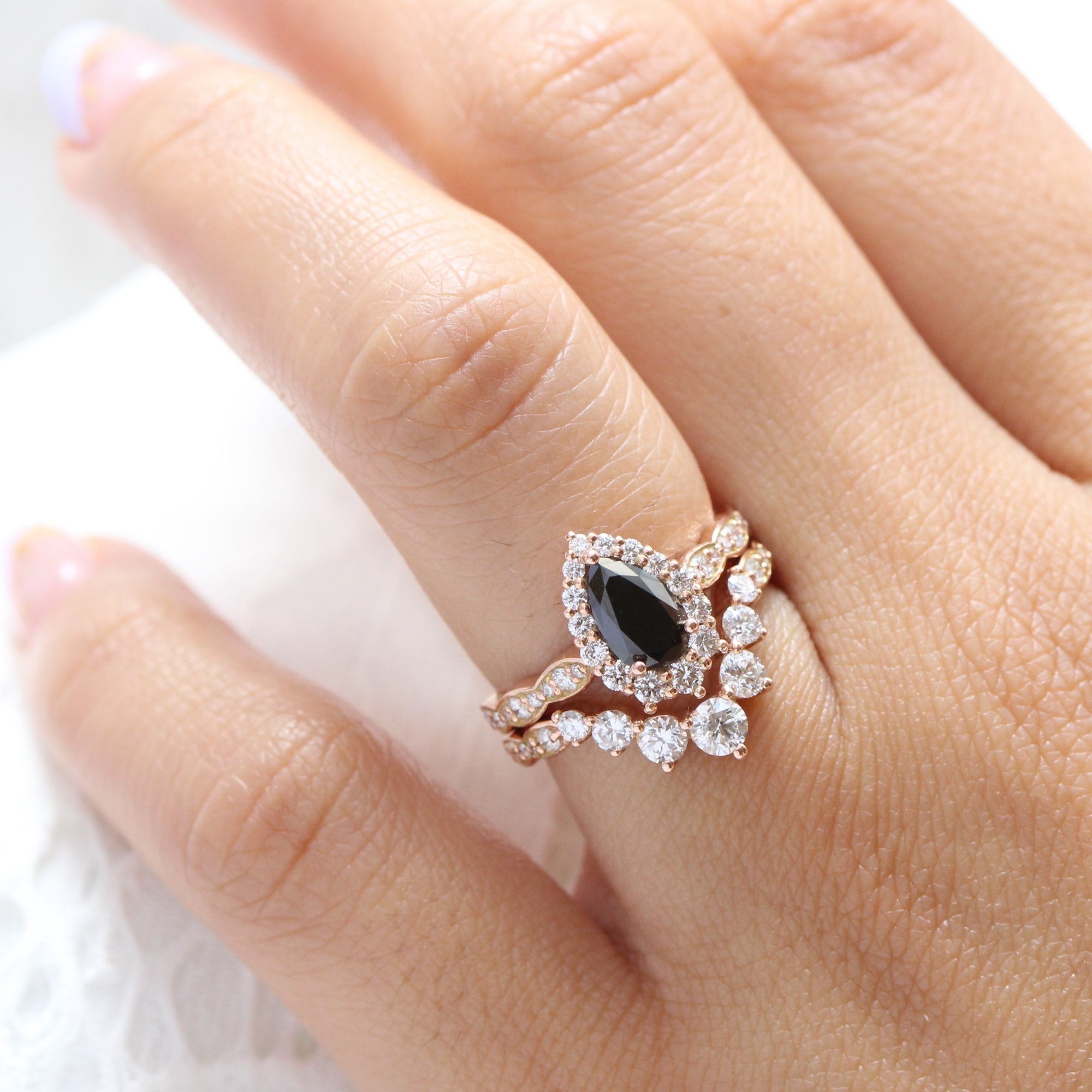 Pear black diamond engagement ring rose gold large diamond wedding band bridal ring set la more design jewelry
